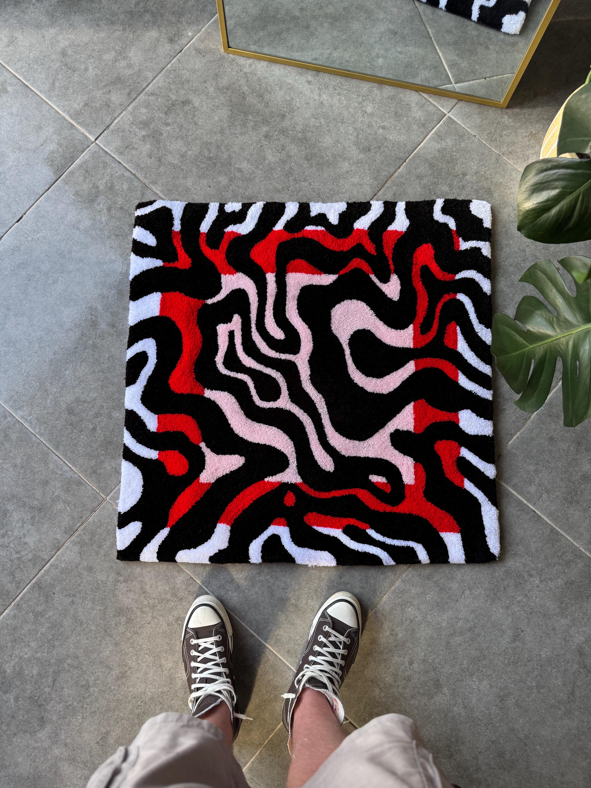OrnnWorks Handmade Tufted Rug Red & Black Abstract Design Square