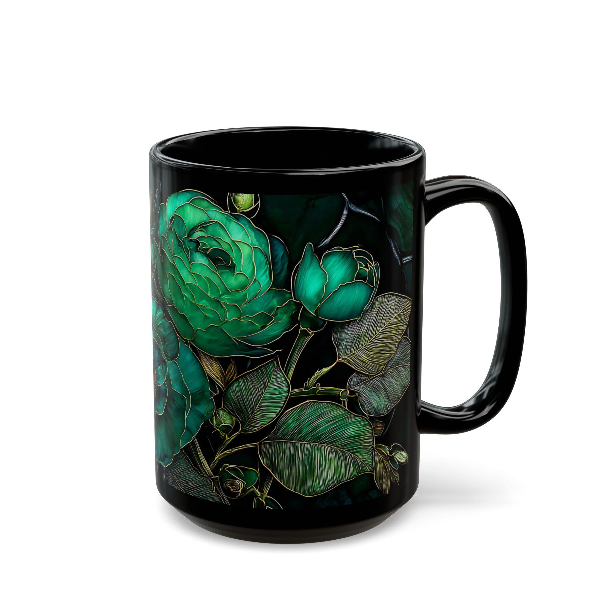 Vintage Botanical Ceramic Coffee Mug Dark Green Floral