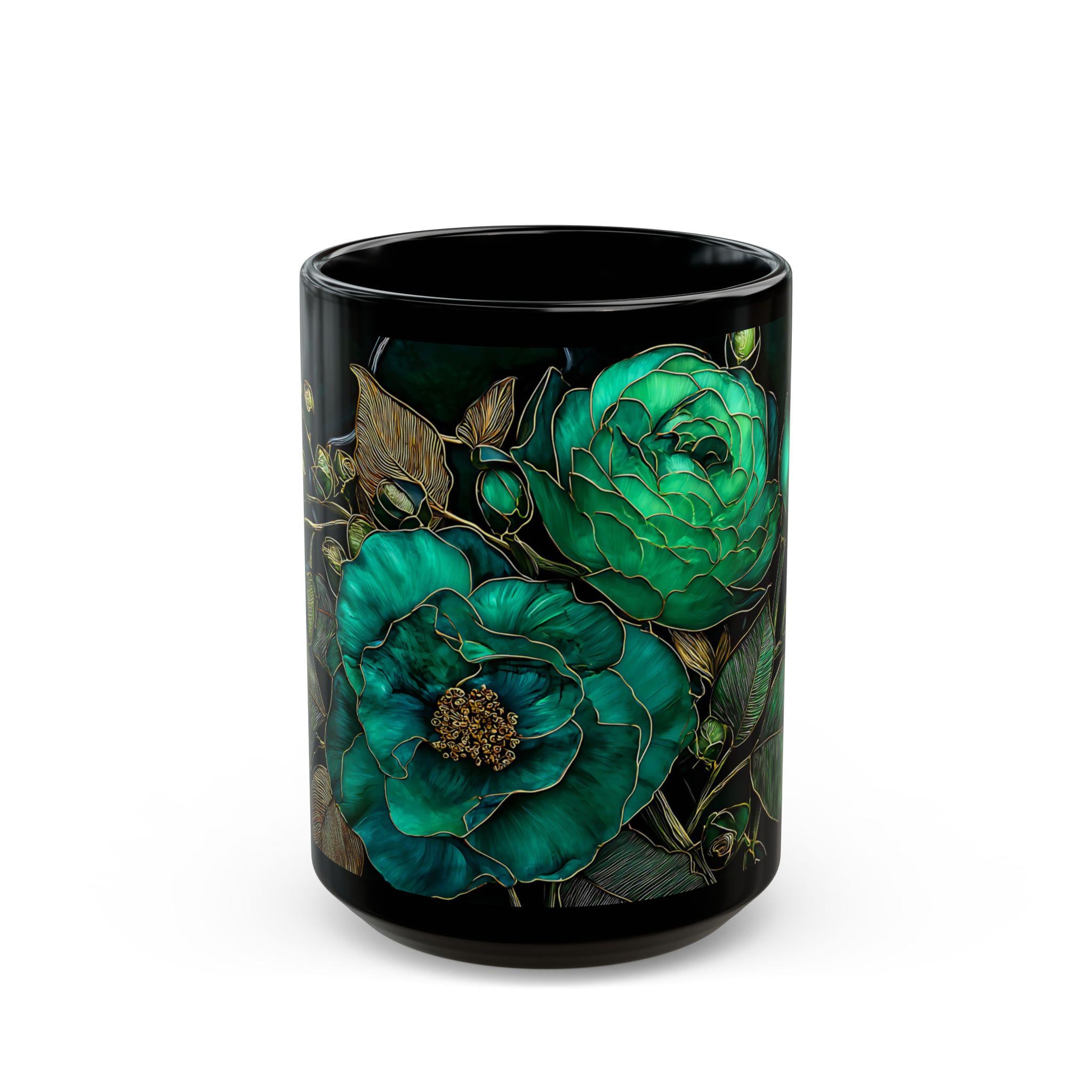 Vintage Botanical Ceramic Coffee Mug Dark Green Floral