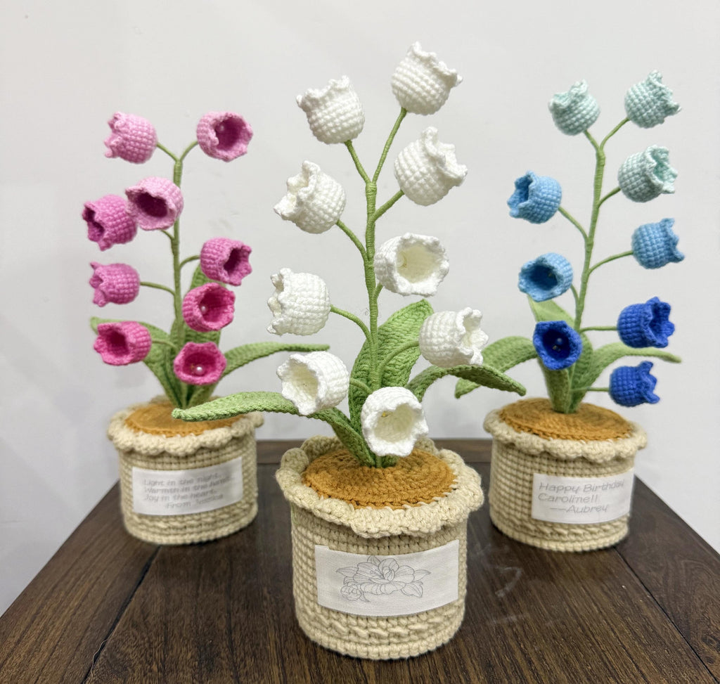 CrochetRecipe Crochet Lily of the Valley Potted Plant Lamp LED Table Light 10in White