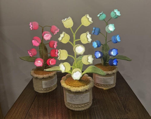 CrochetRecipe Crochet Lily of the Valley Potted Plant Lamp LED Table Light 10in White