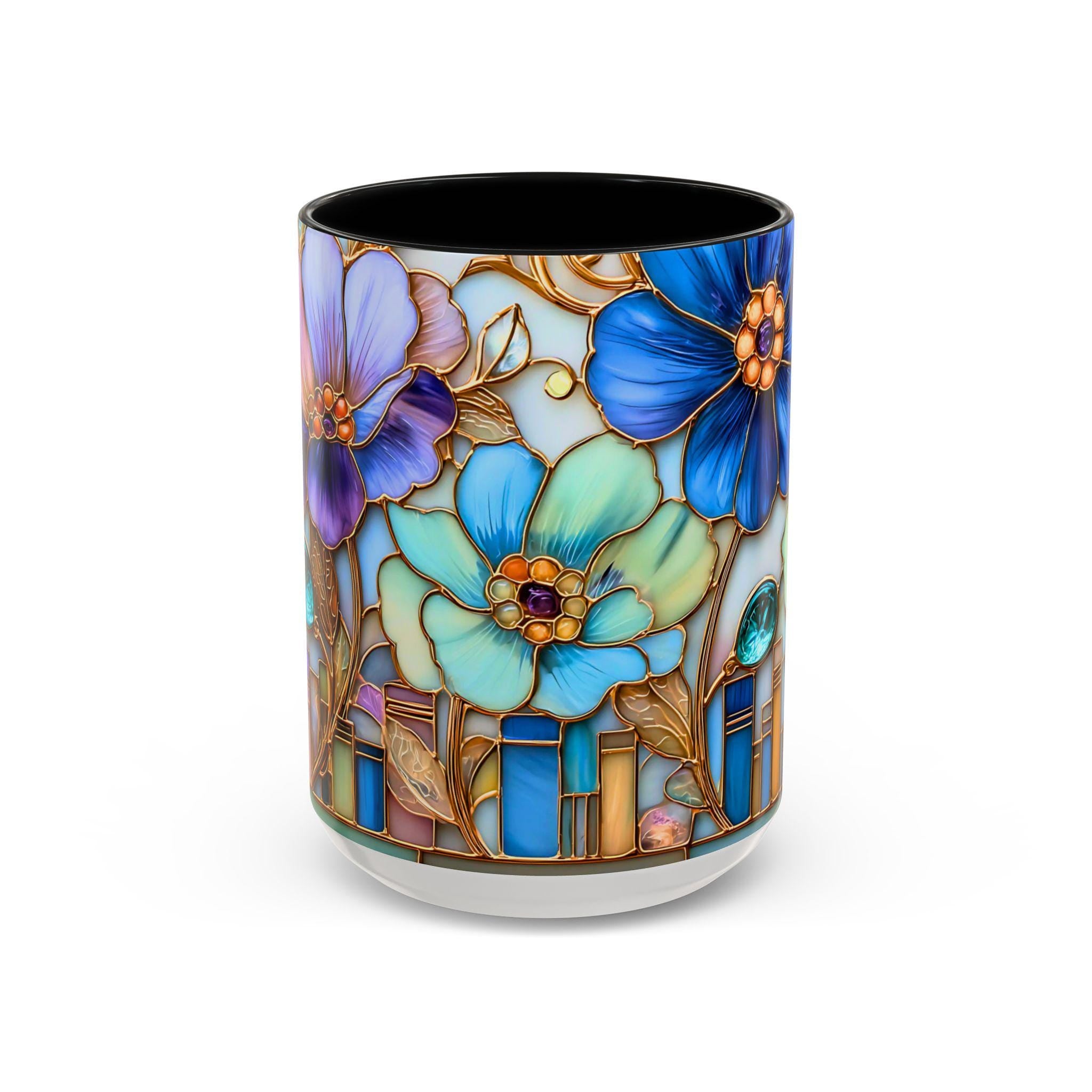 Floral Book Coffee Mug Faux Stained Glass Bookshelf Lover Gift