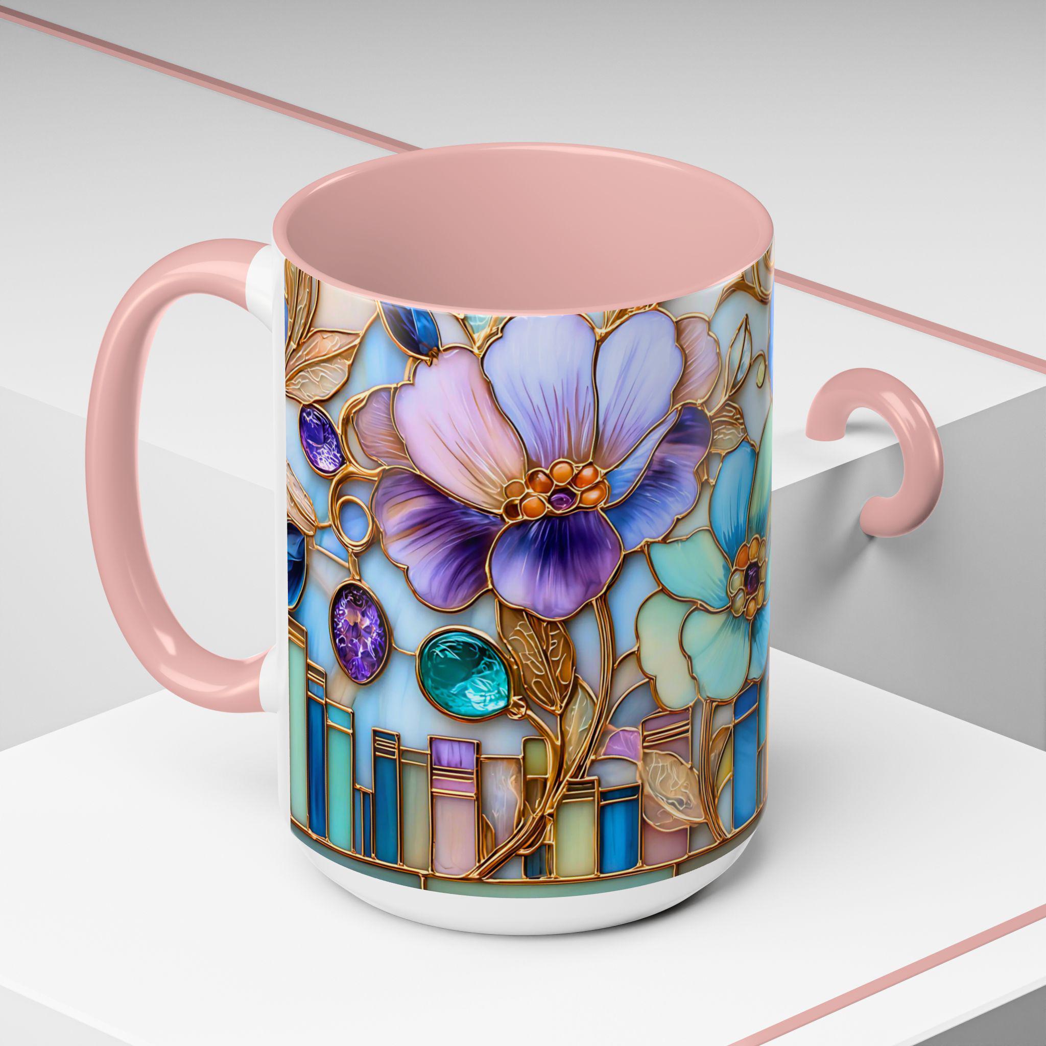 Floral Book Coffee Mug Faux Stained Glass Bookshelf Lover Gift