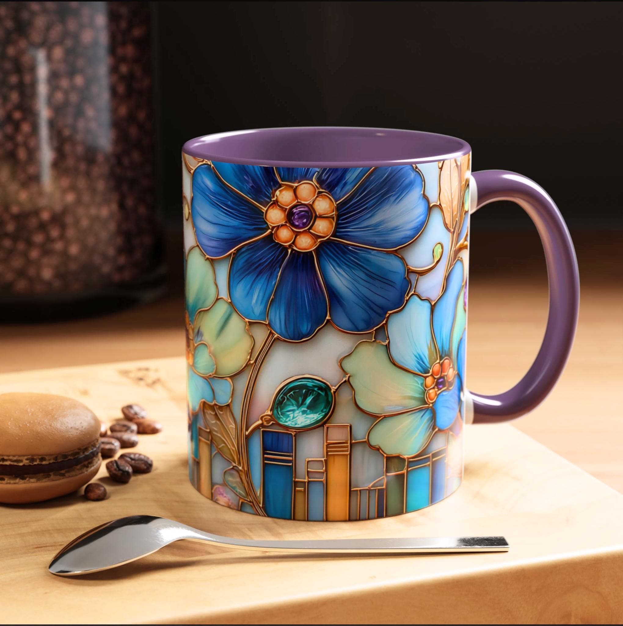 Floral Book Coffee Mug Faux Stained Glass Bookshelf Lover Gift