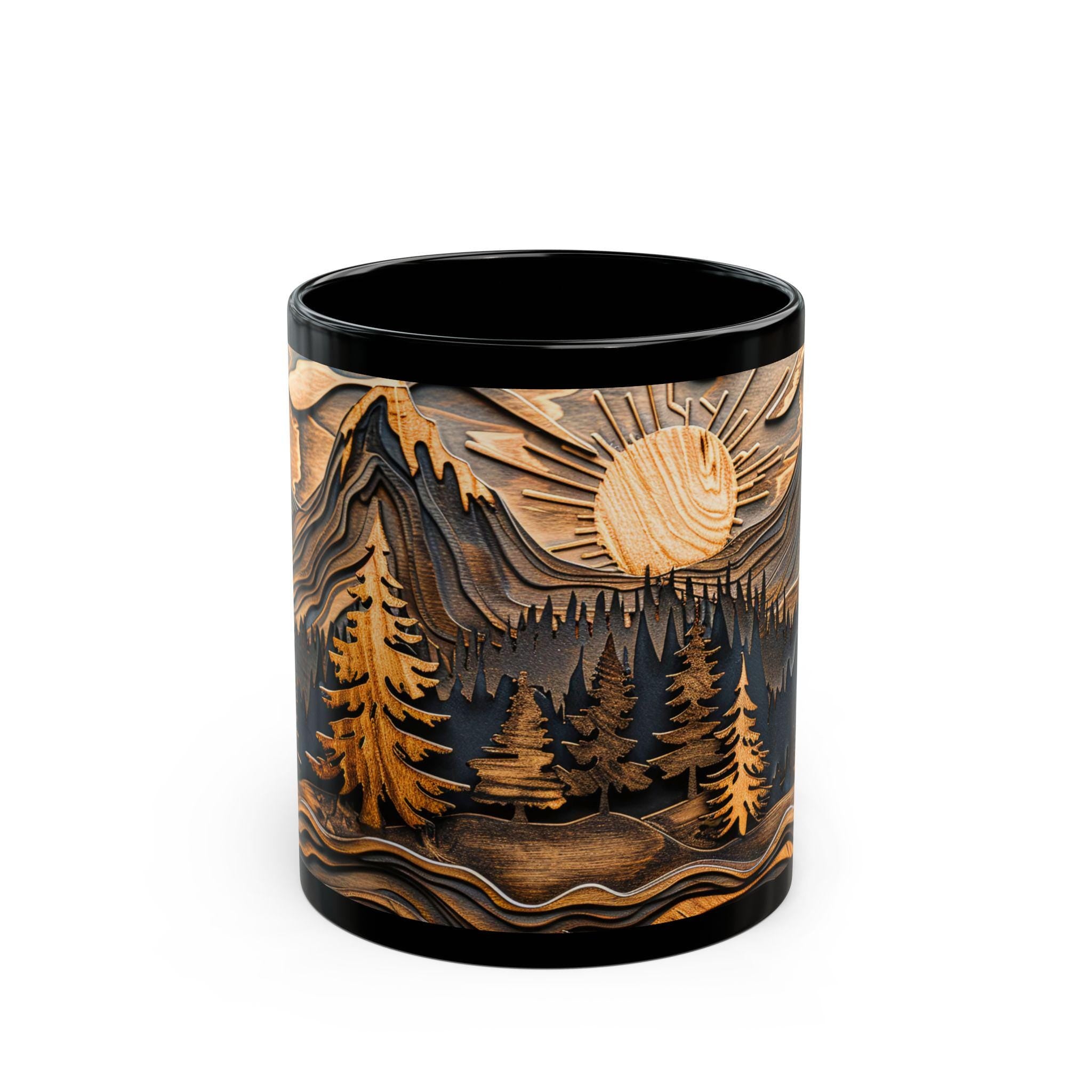 LELORESTORE Rustic Mountain Forest Mug Carved Wood Ceramic Coffee Cup