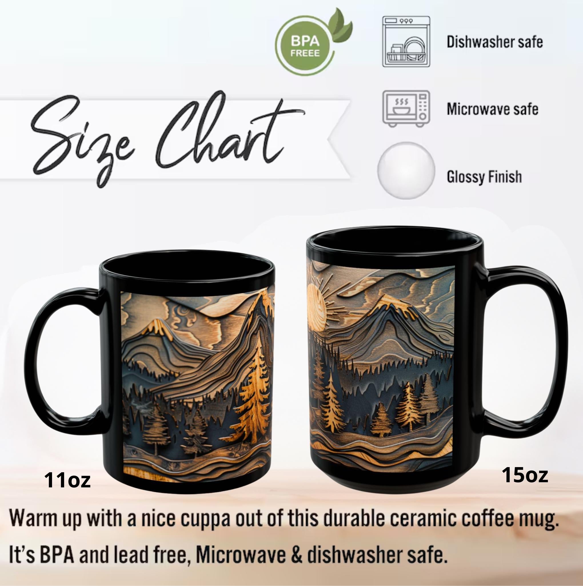 LELORESTORE Rustic Mountain Forest Mug Carved Wood Ceramic Coffee Cup