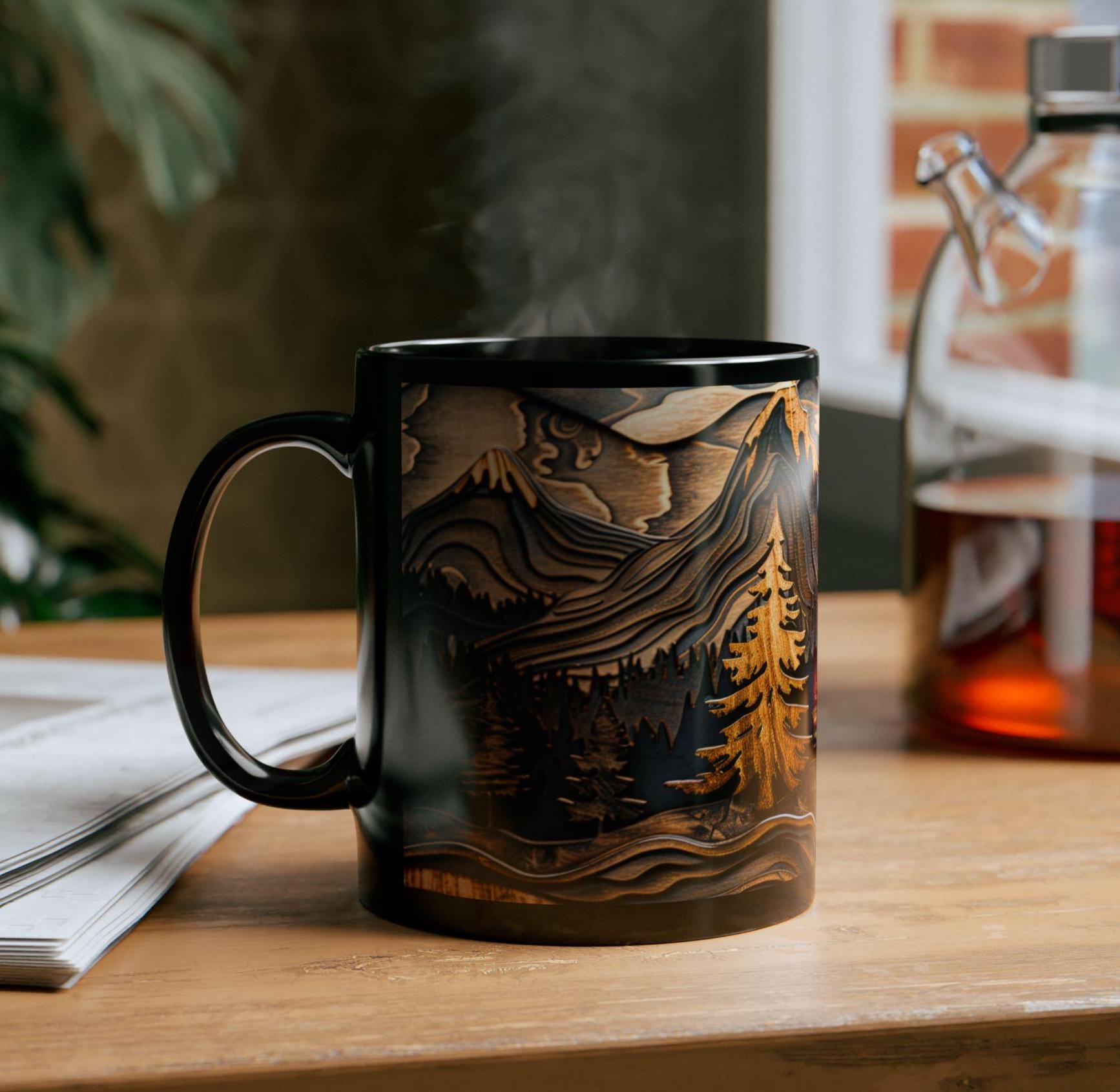 LELORESTORE Rustic Mountain Forest Mug Carved Wood Ceramic Coffee Cup