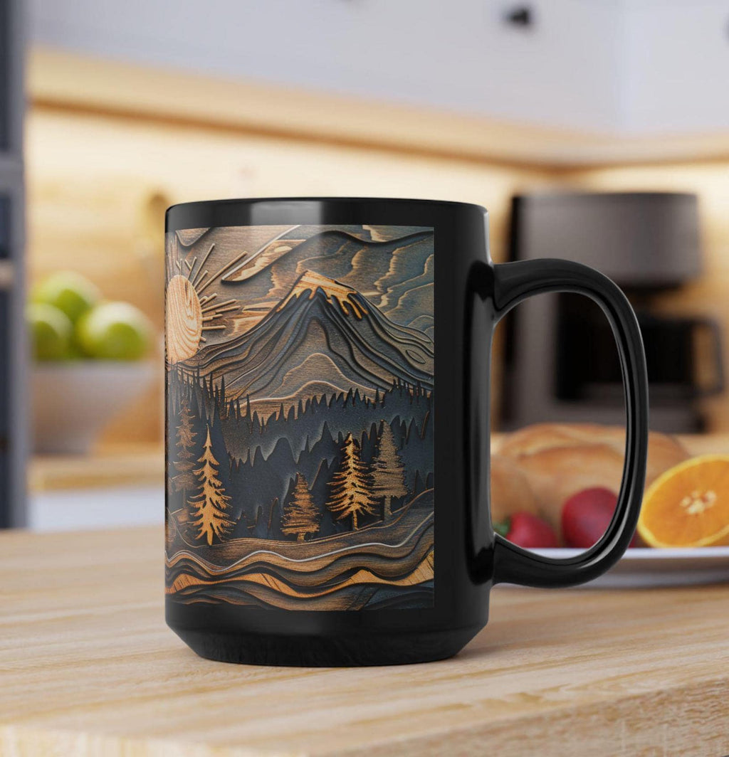 LELORESTORE Rustic Mountain Forest Mug Carved Wood Ceramic Coffee Cup
