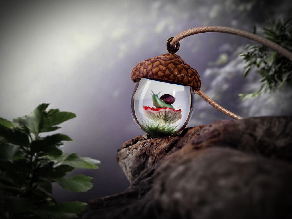 TinyNatureWorks Acorn Pendant Necklace With Mushroom Frog Resin Jewelry