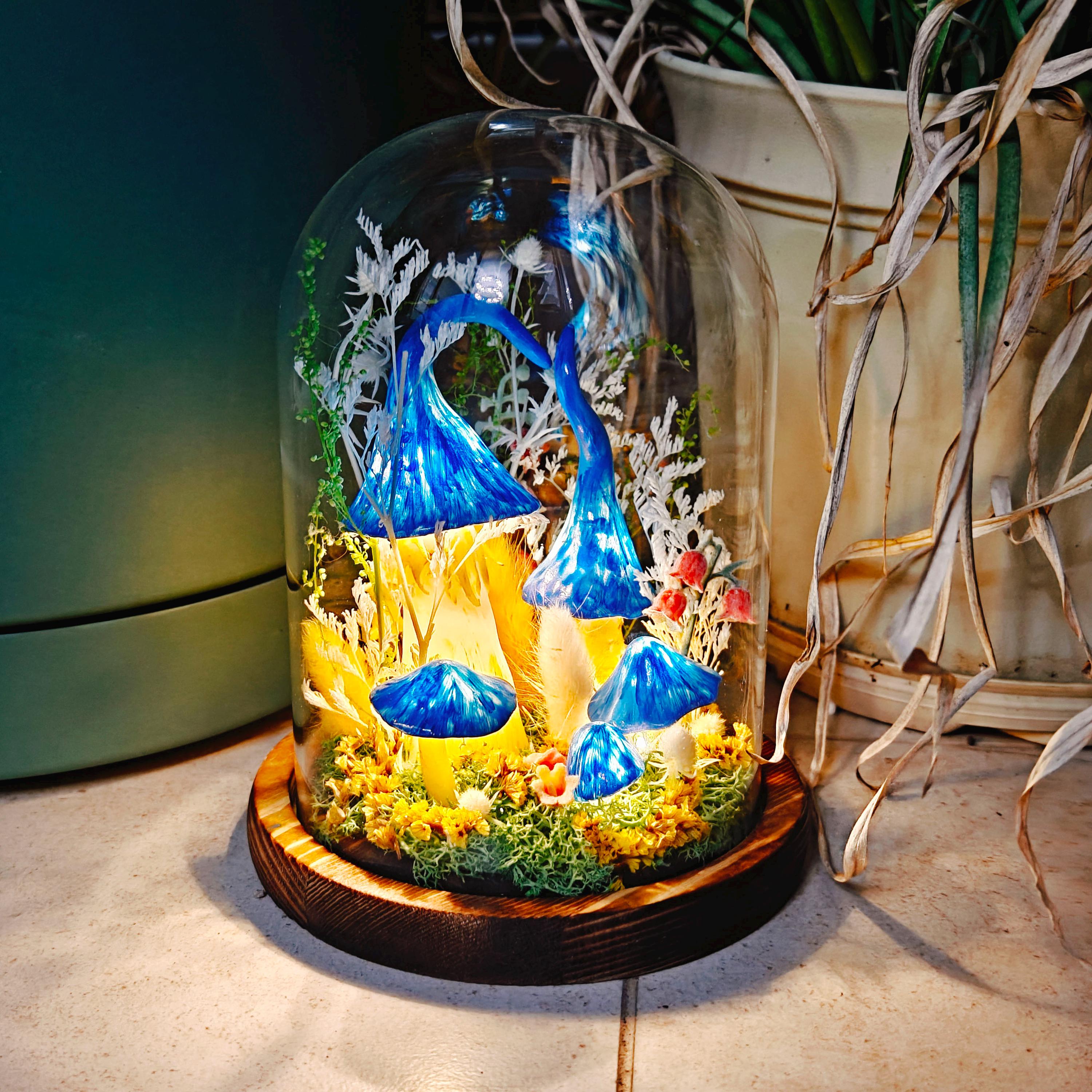 StarlitCarat Enchanted Blue Mushroom Forest Night Light Wood Clay Glass