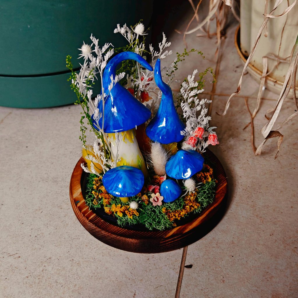 StarlitCarat Enchanted Blue Mushroom Forest Night Light Wood Clay Glass