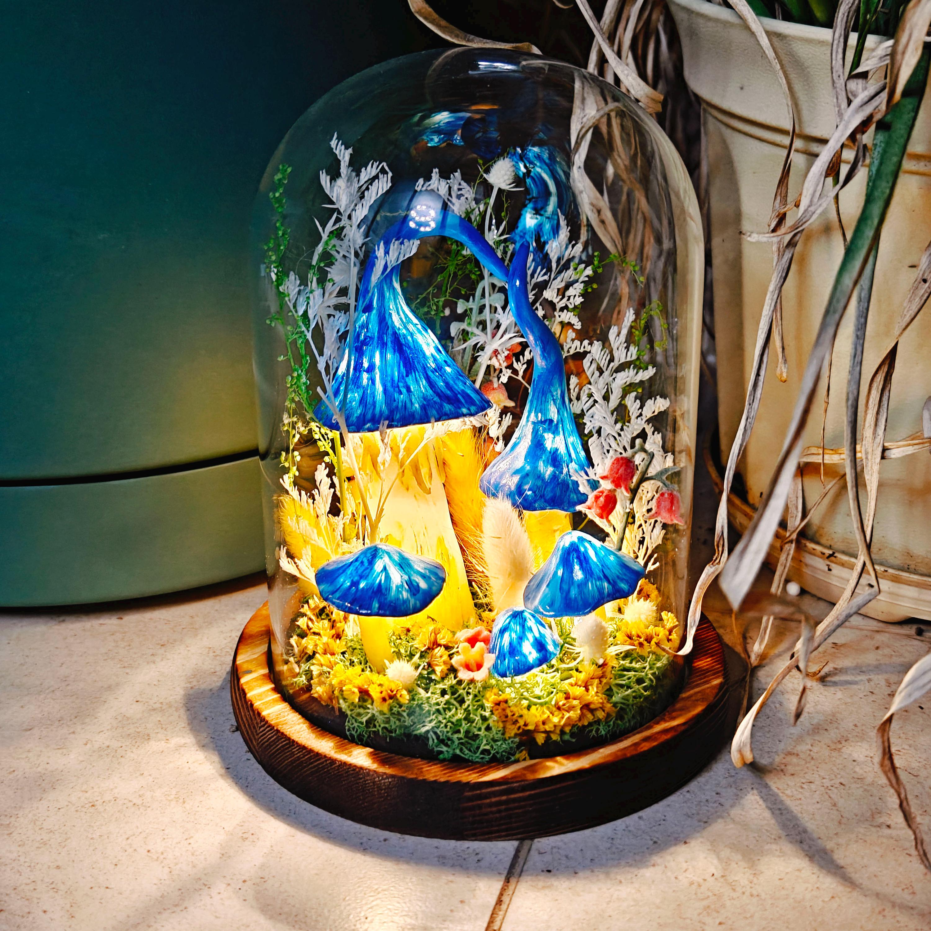 StarlitCarat Enchanted Blue Mushroom Forest Night Light Wood Clay Glass