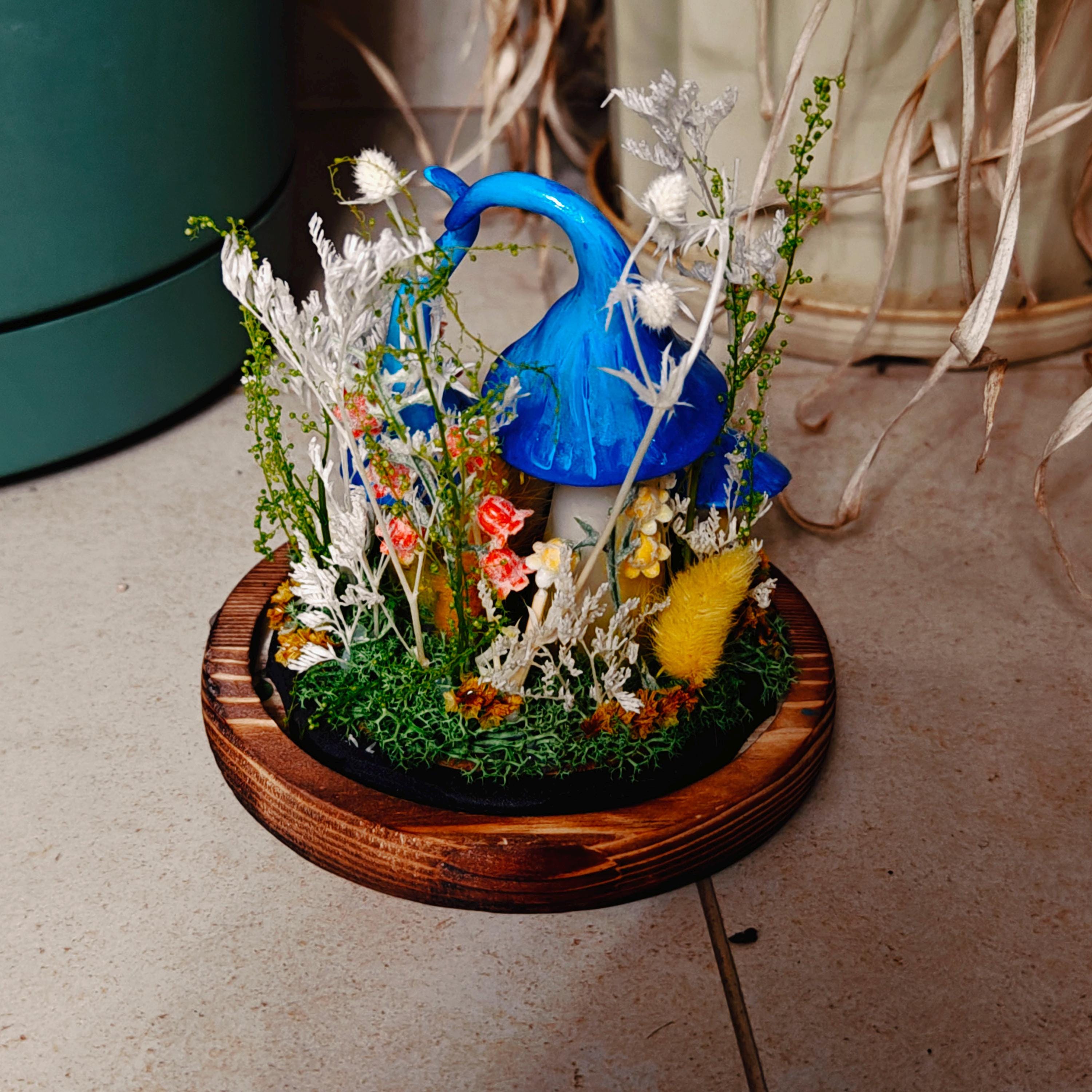 StarlitCarat Enchanted Blue Mushroom Forest Night Light Wood Clay Glass