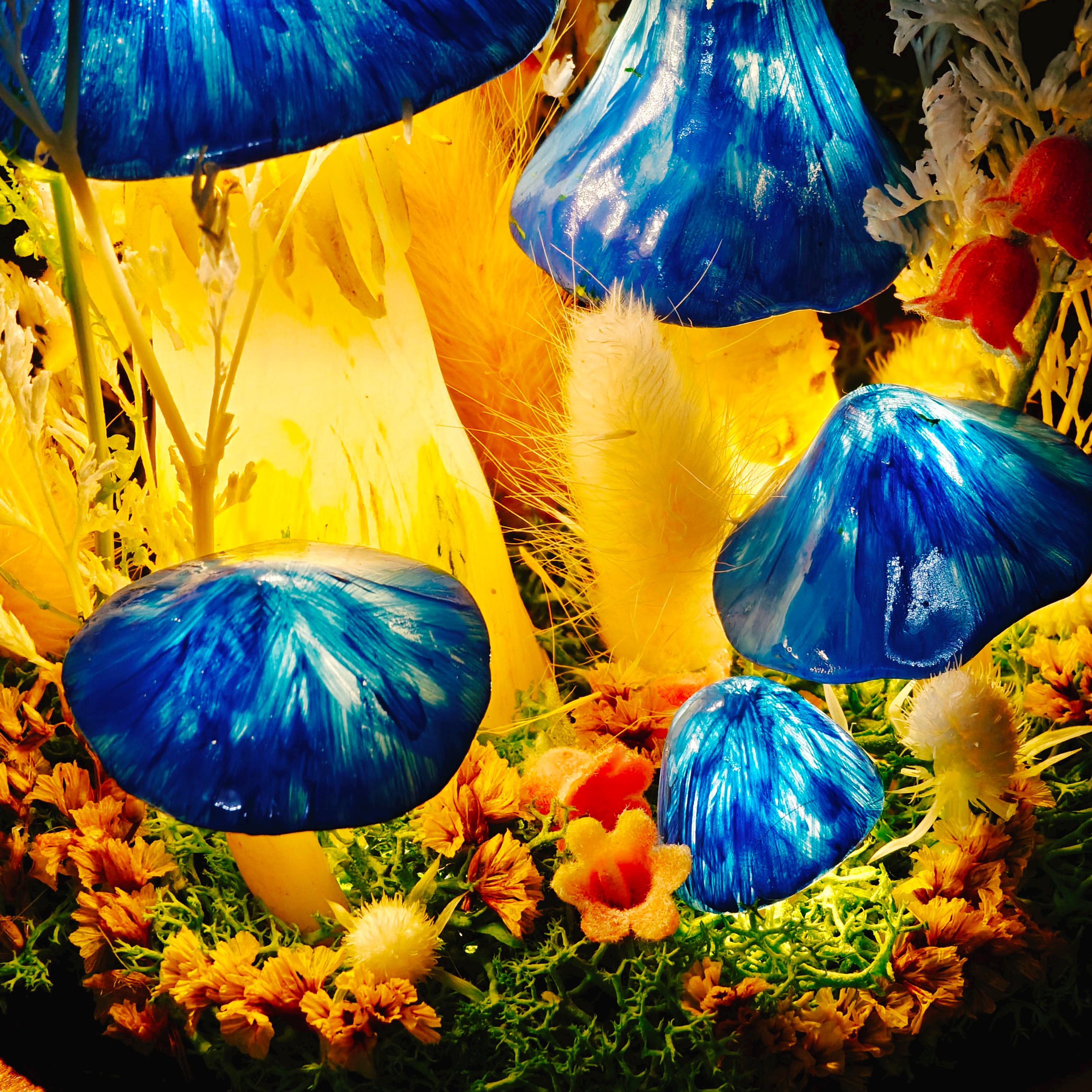 StarlitCarat Enchanted Blue Mushroom Forest Night Light Wood Clay Glass