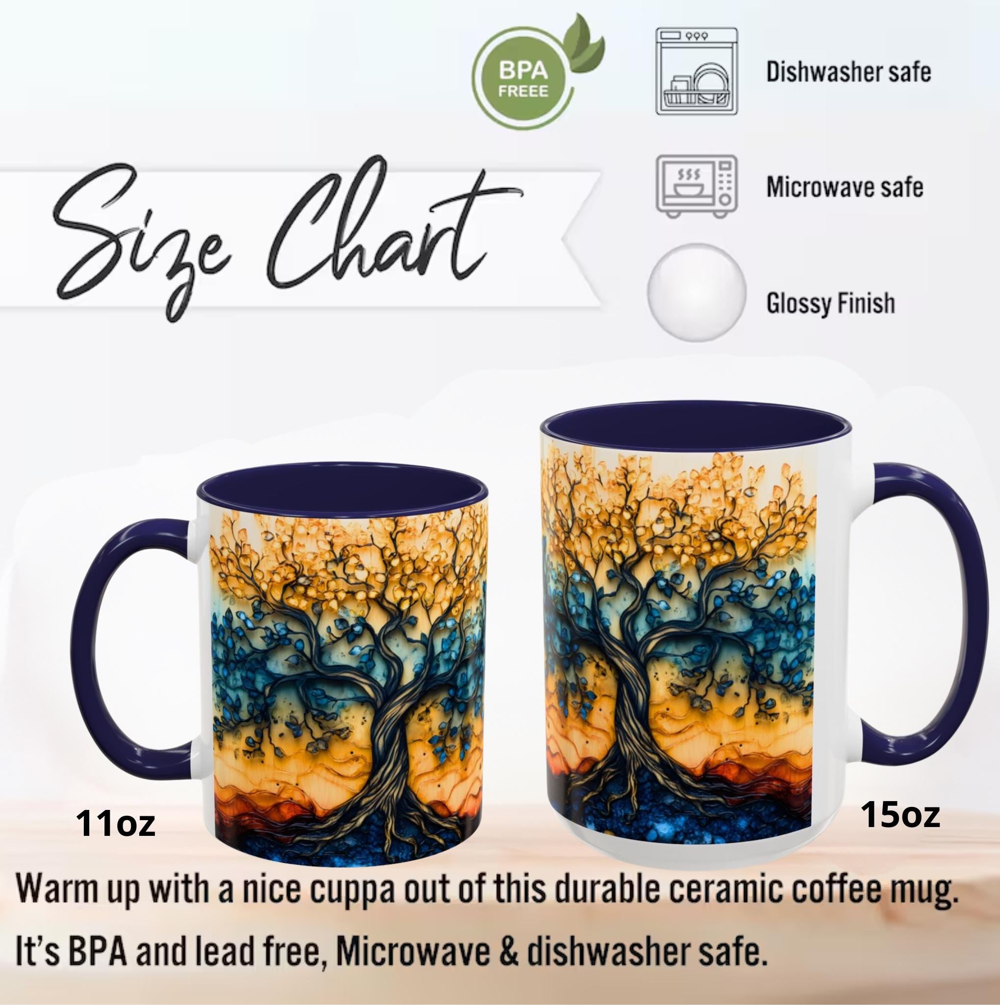 Tree of Life Ceramic Mug 15oz Boho Leaf Design Coffee Cup
