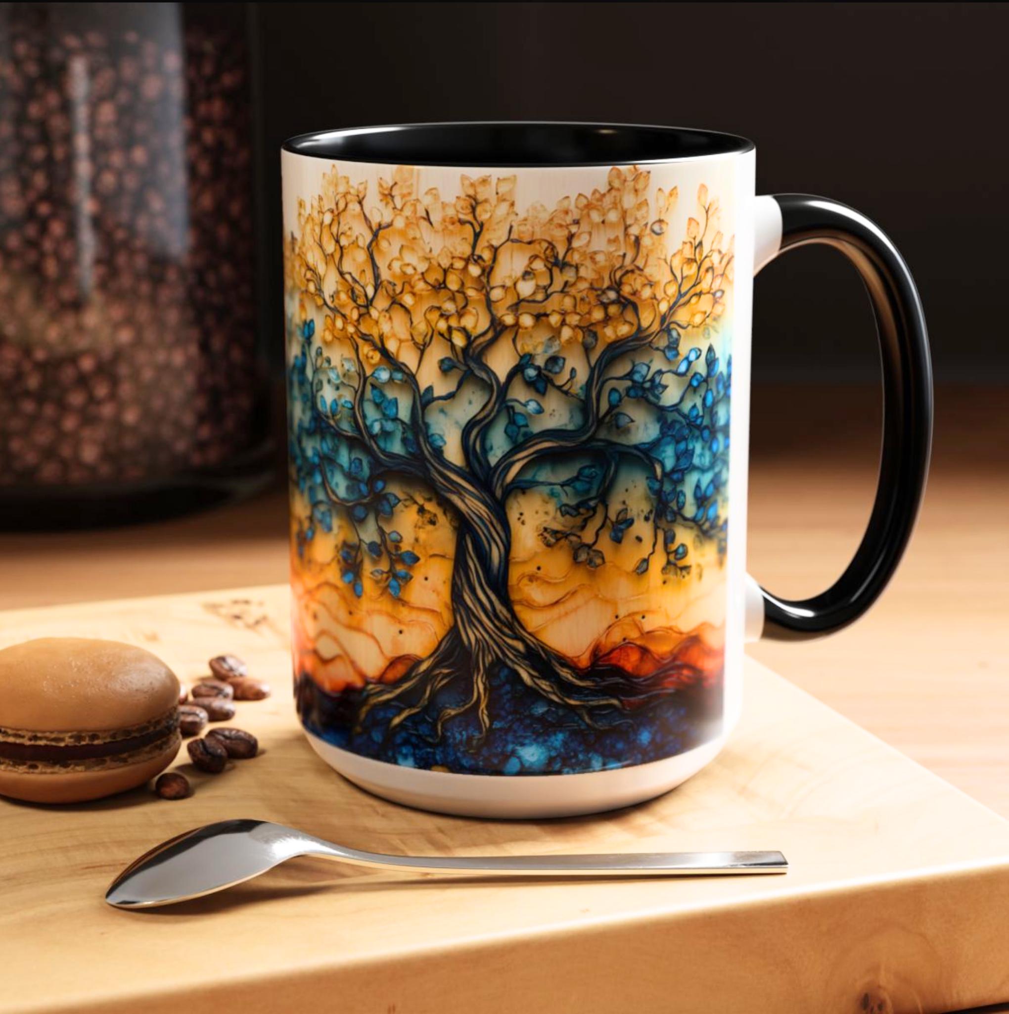 Tree of Life Ceramic Mug 15oz Boho Leaf Design Coffee Cup