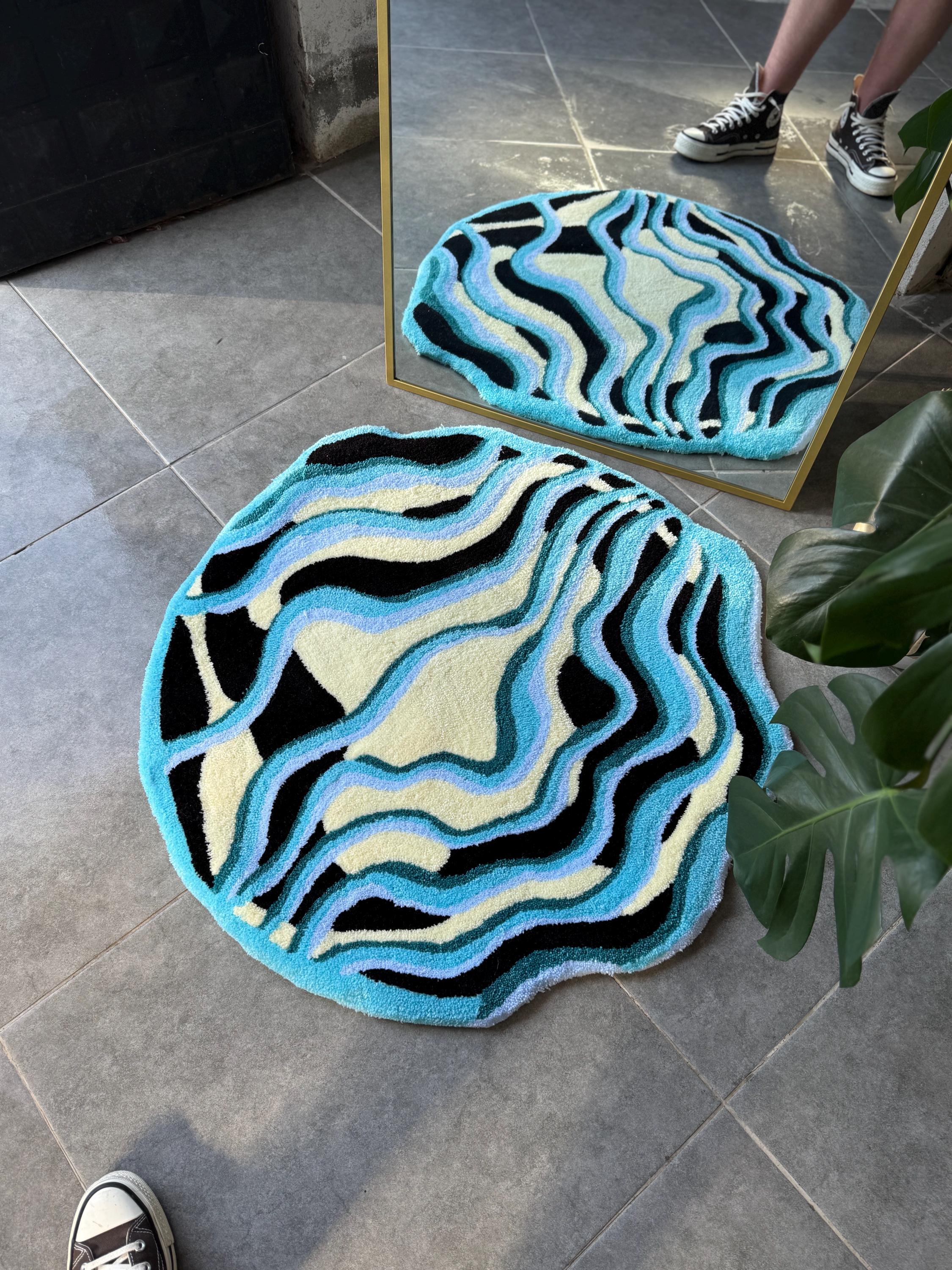 OrnnWorks Handmade Tufted Rug Wavy Abstract Blue Design