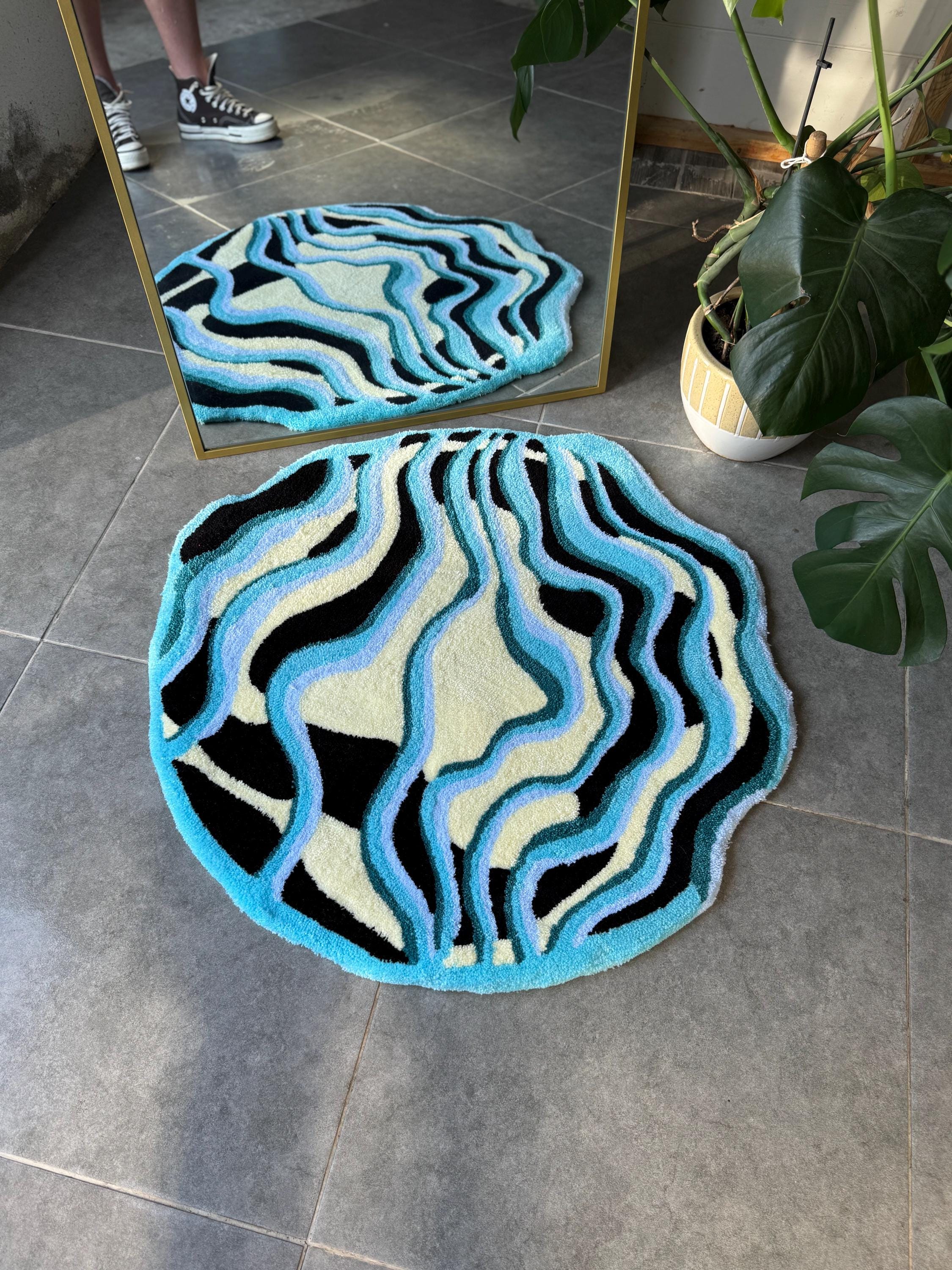 OrnnWorks Handmade Tufted Rug Wavy Abstract Blue Design