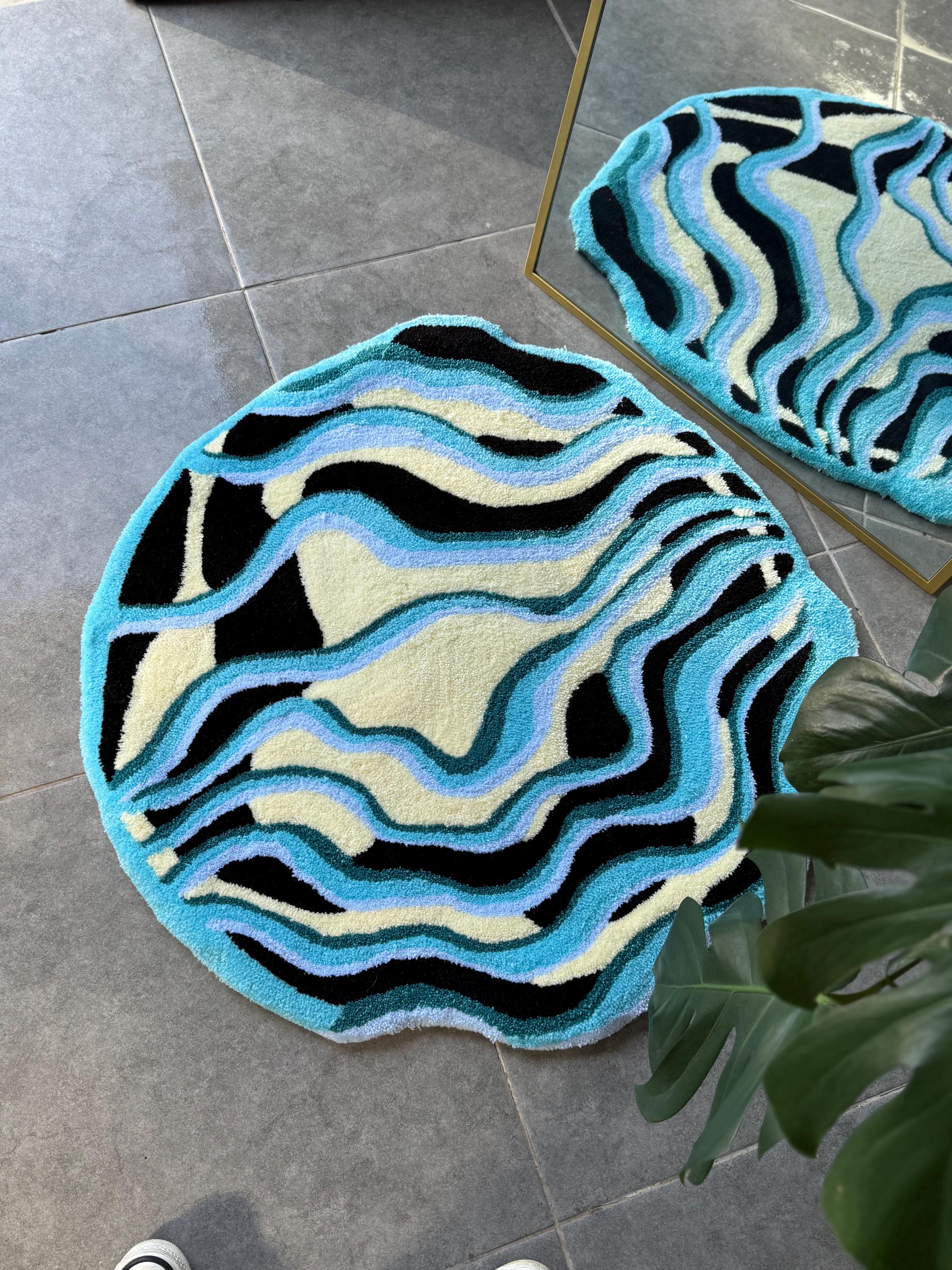 OrnnWorks Handmade Tufted Rug Wavy Abstract Blue Design