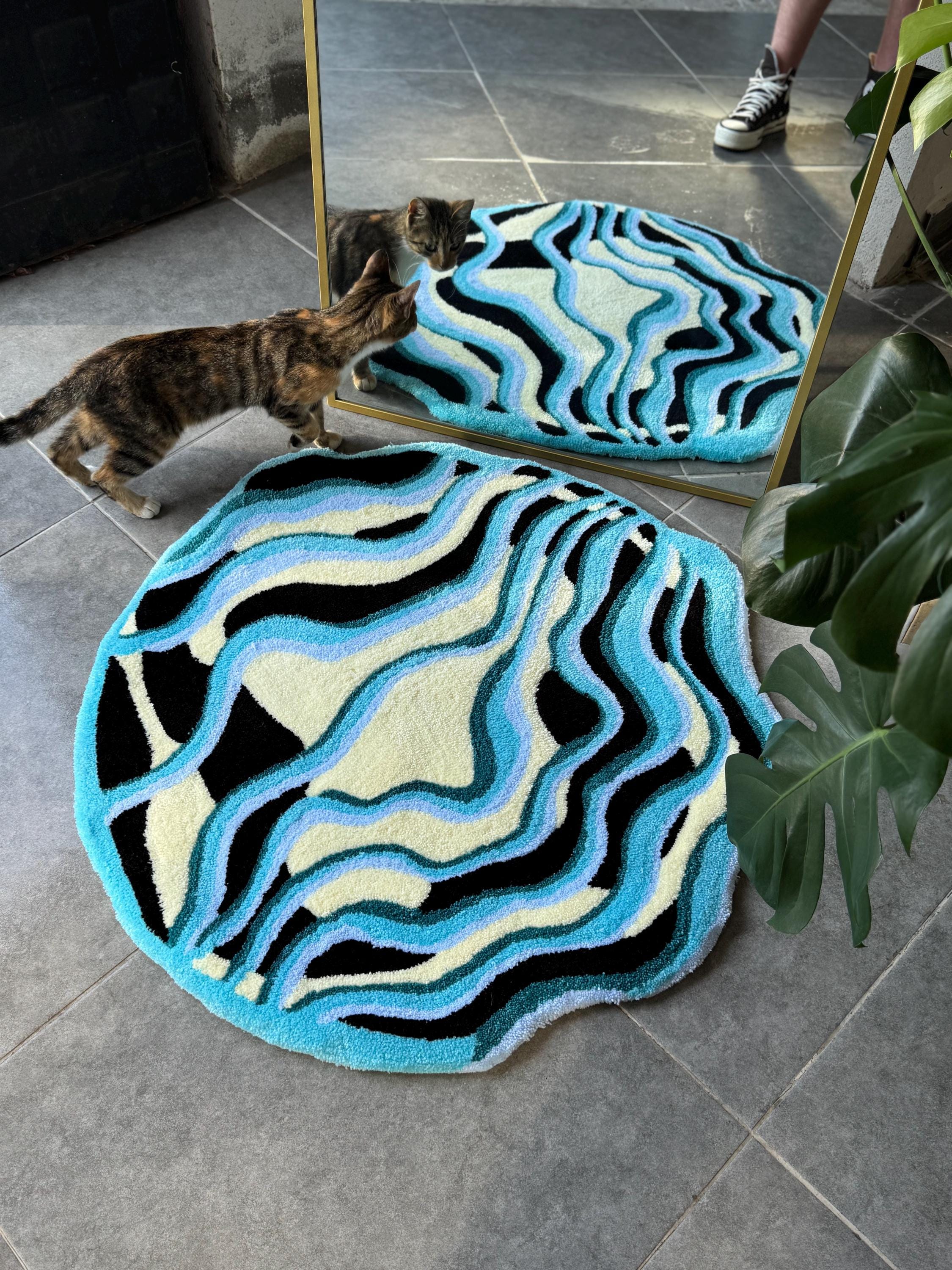 OrnnWorks Handmade Tufted Rug Wavy Abstract Blue Design