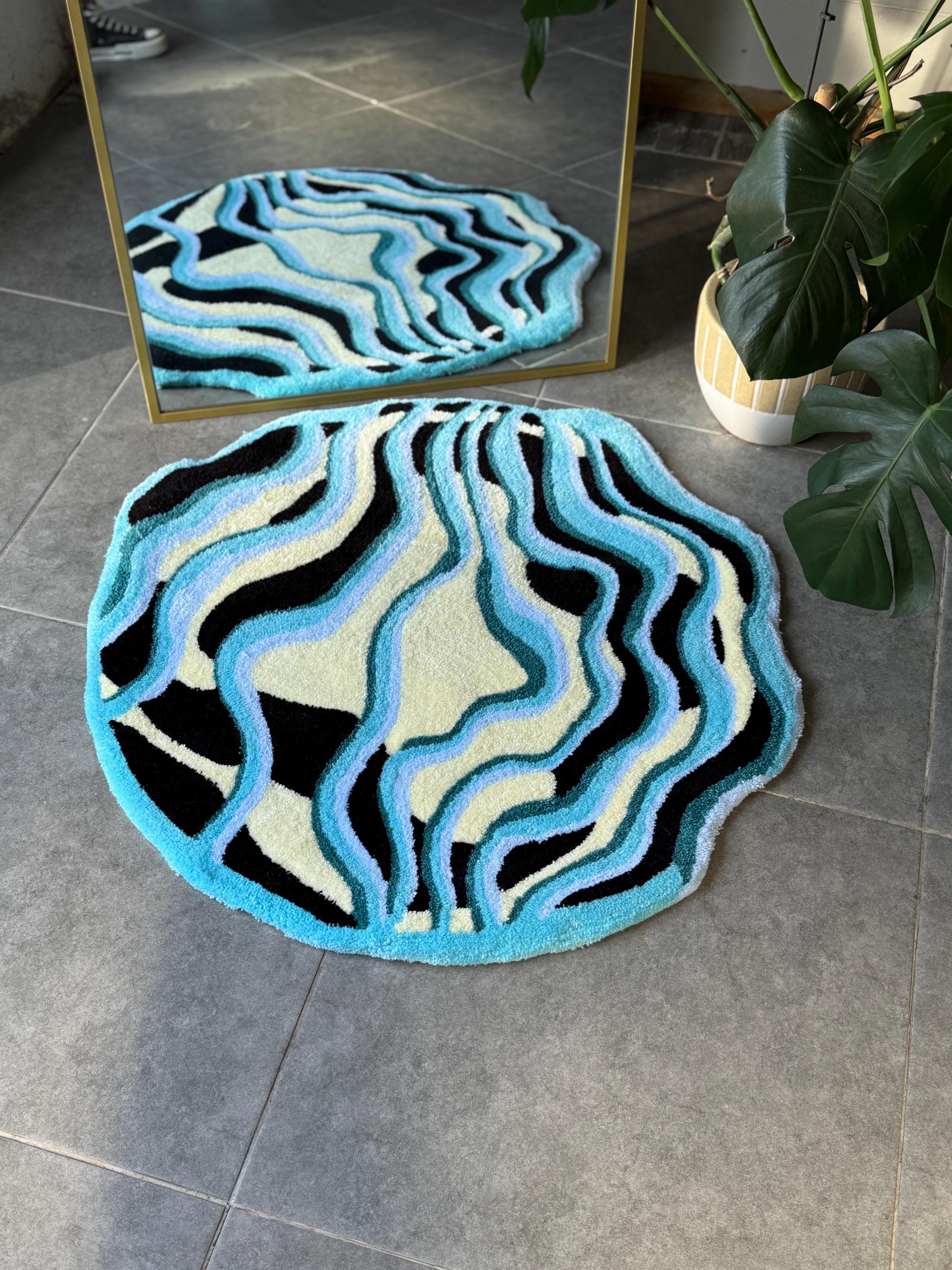 OrnnWorks Handmade Tufted Rug Wavy Abstract Blue Design