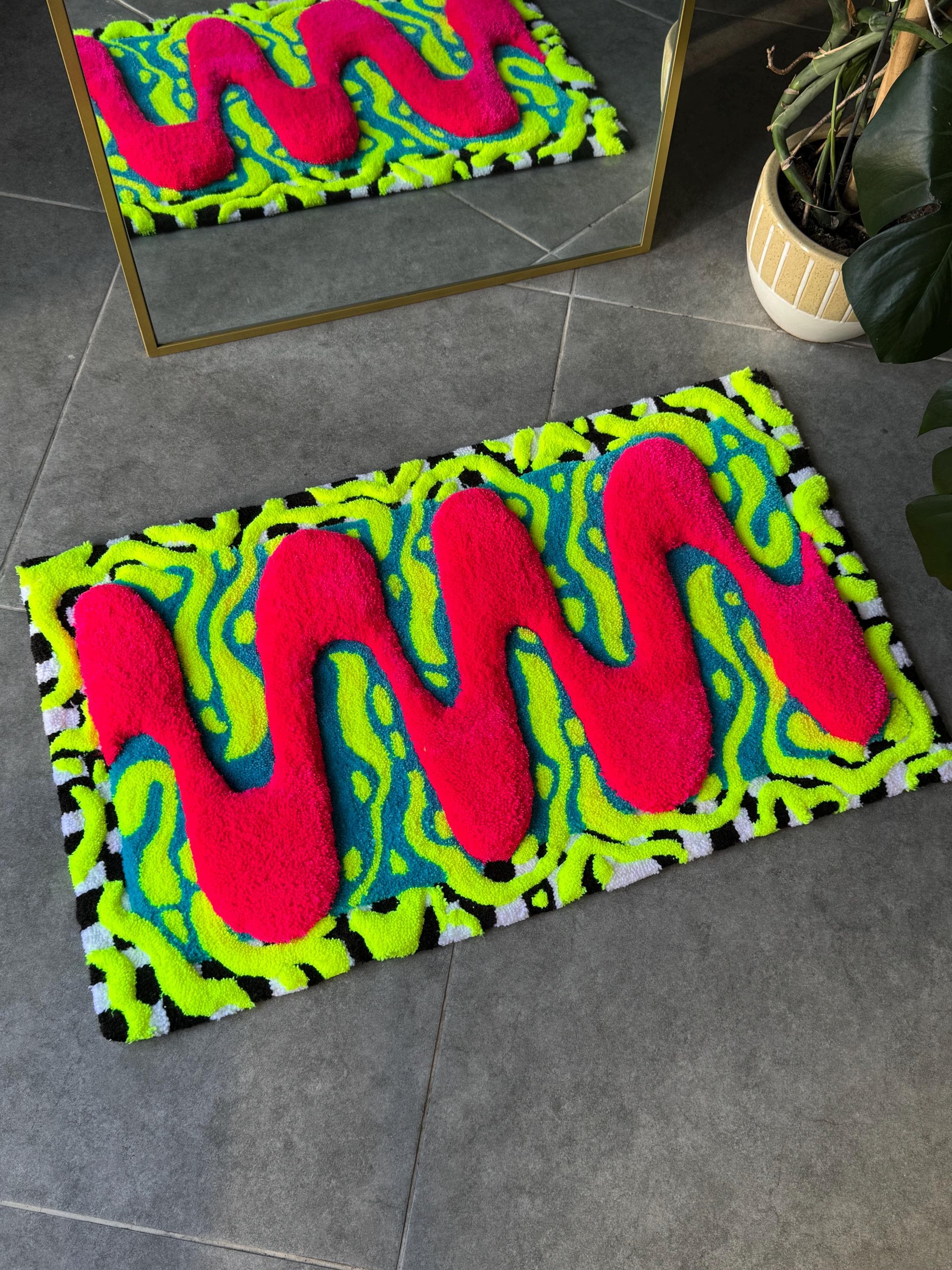 OrnnWorks Silent Disco Handmade 3D Fluffy Tufted Rug Neon Abstract