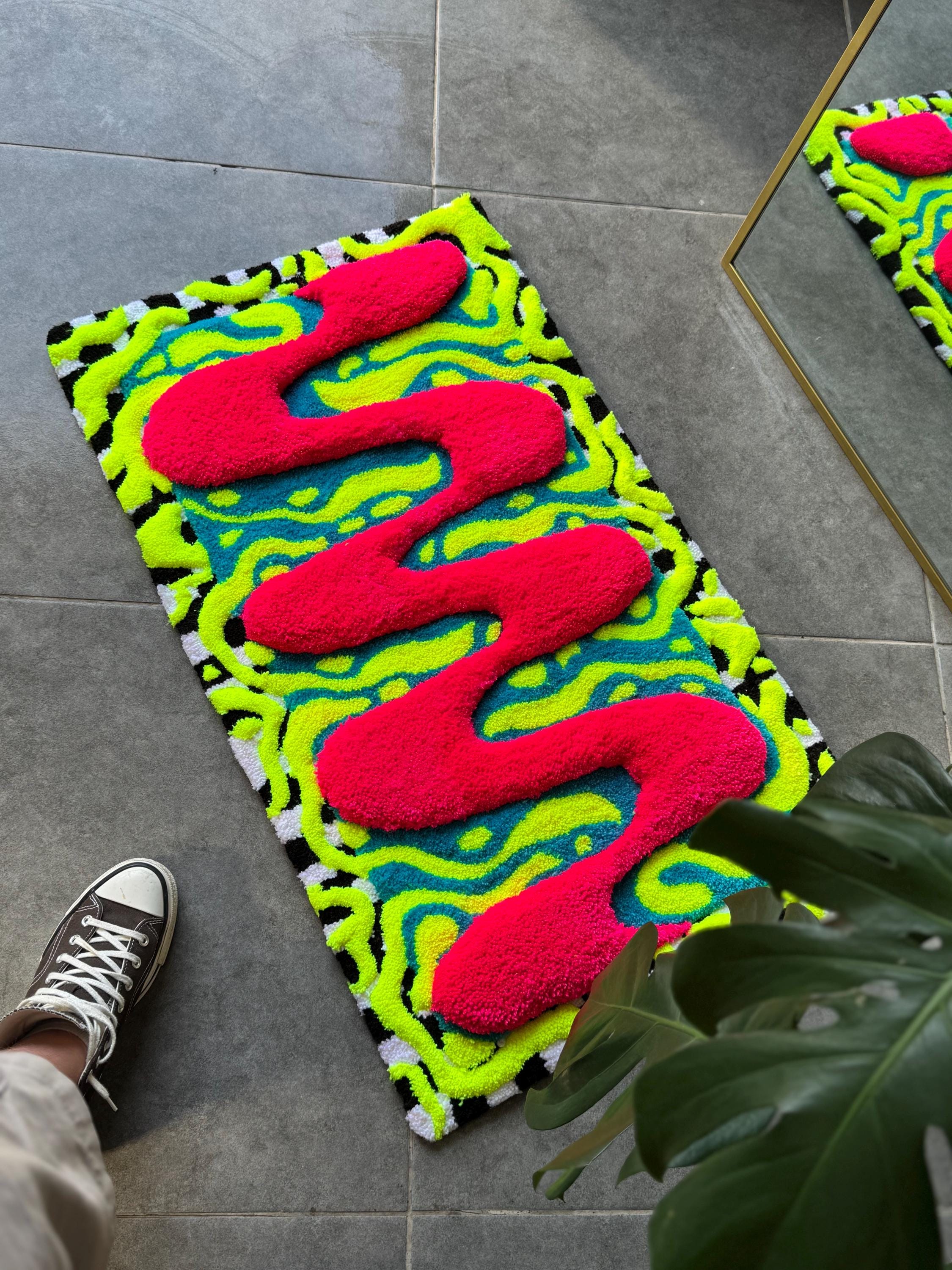 OrnnWorks Silent Disco Handmade 3D Fluffy Tufted Rug Neon Abstract
