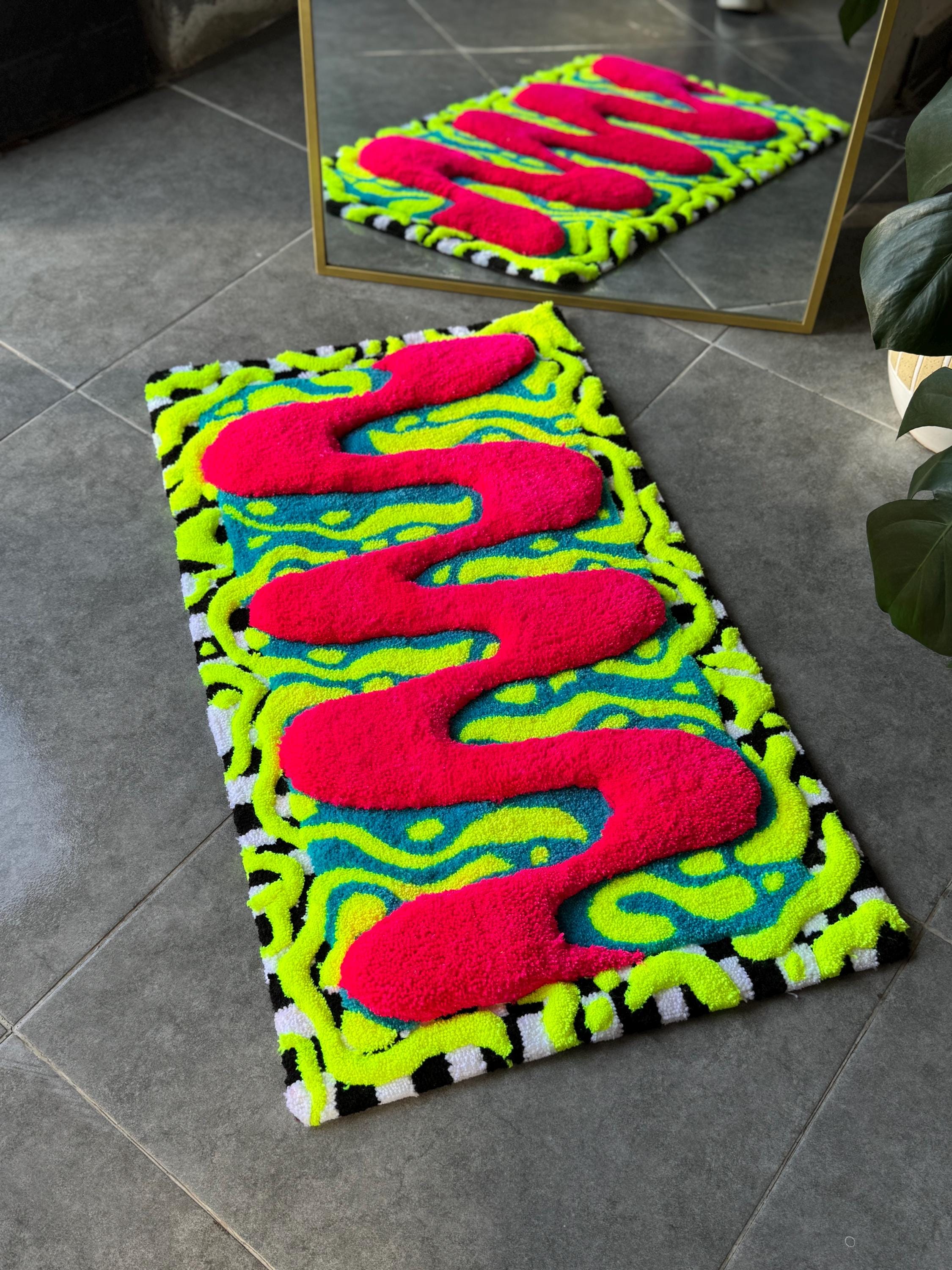 OrnnWorks Silent Disco Handmade 3D Fluffy Tufted Rug Neon Abstract