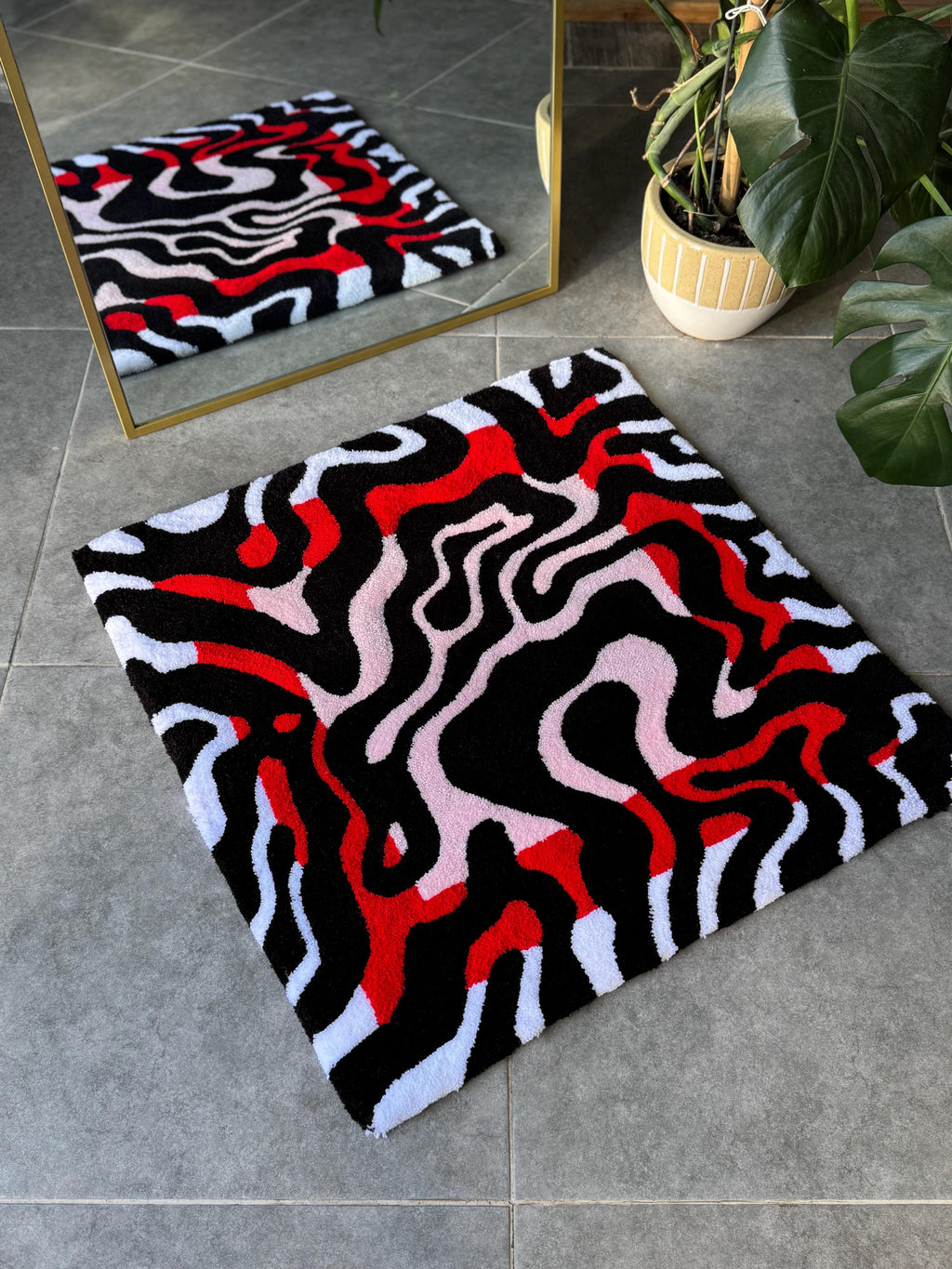 OrnnWorks Handmade Tufted Rug Red & Black Abstract Design Square