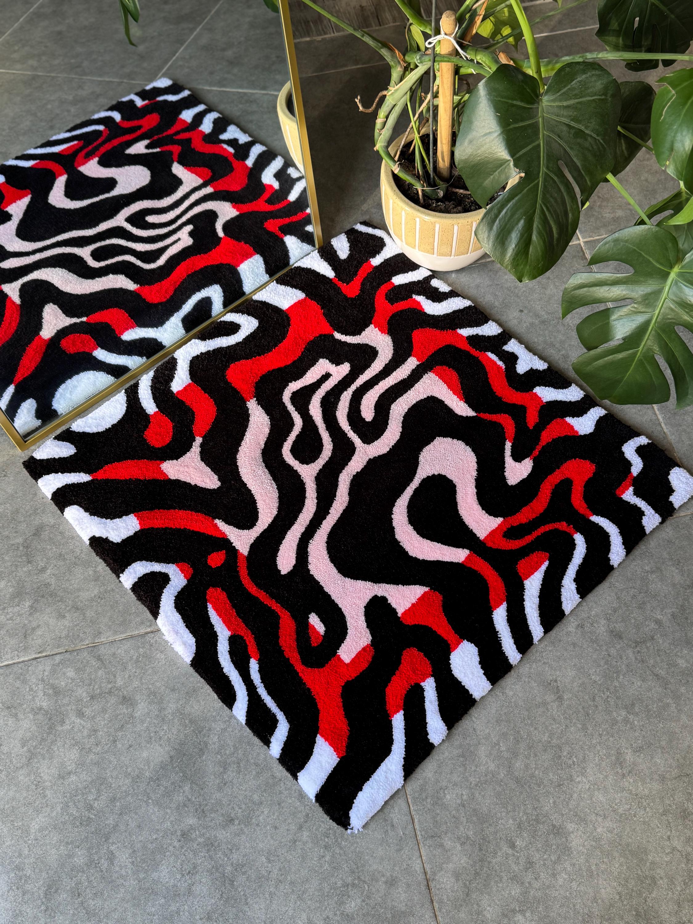 OrnnWorks Handmade Tufted Rug Red & Black Abstract Design Square