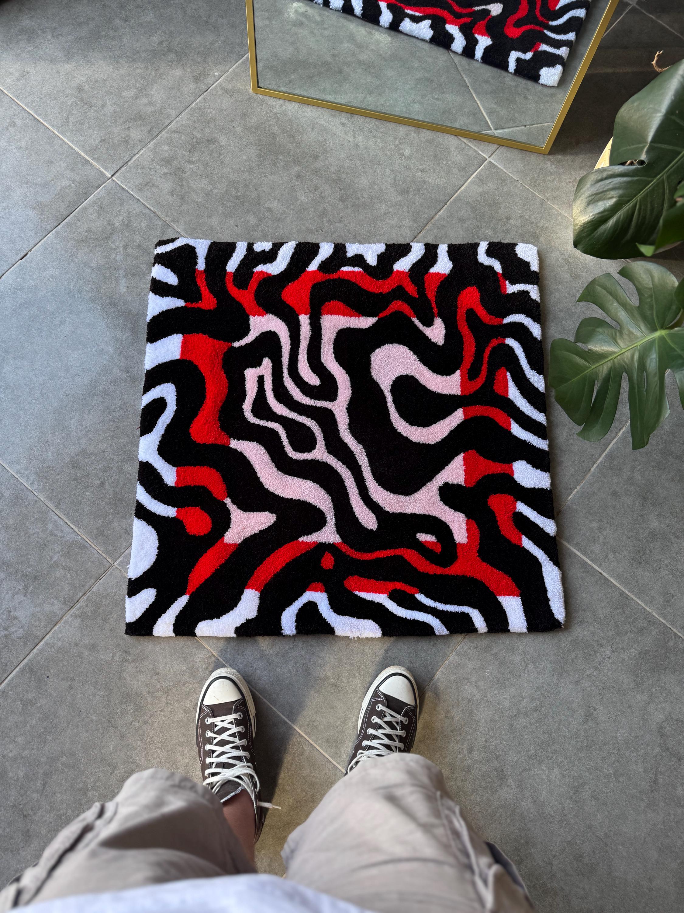 OrnnWorks Handmade Tufted Rug Red & Black Abstract Design Square