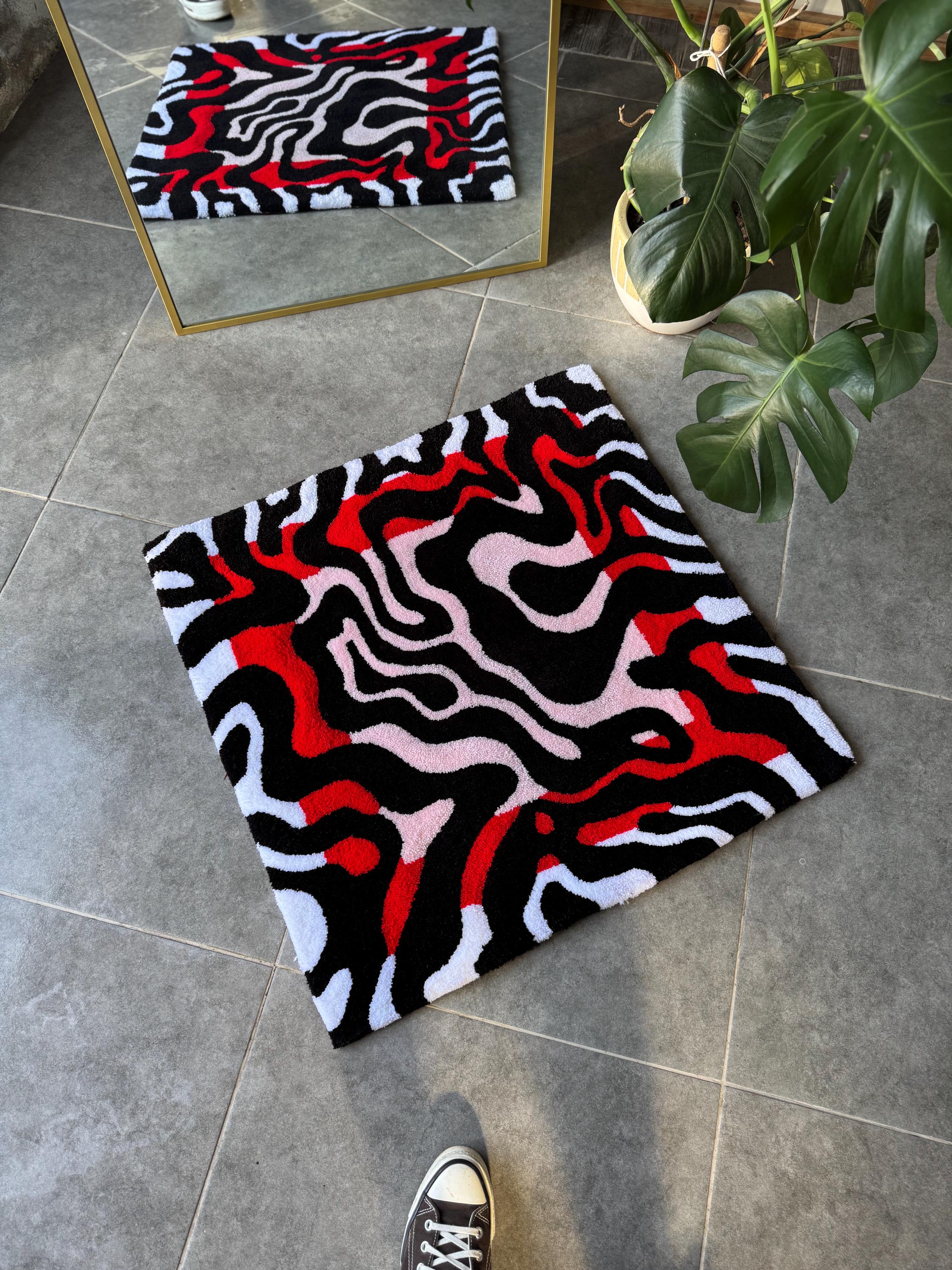 OrnnWorks Handmade Tufted Rug Red & Black Abstract Design Square