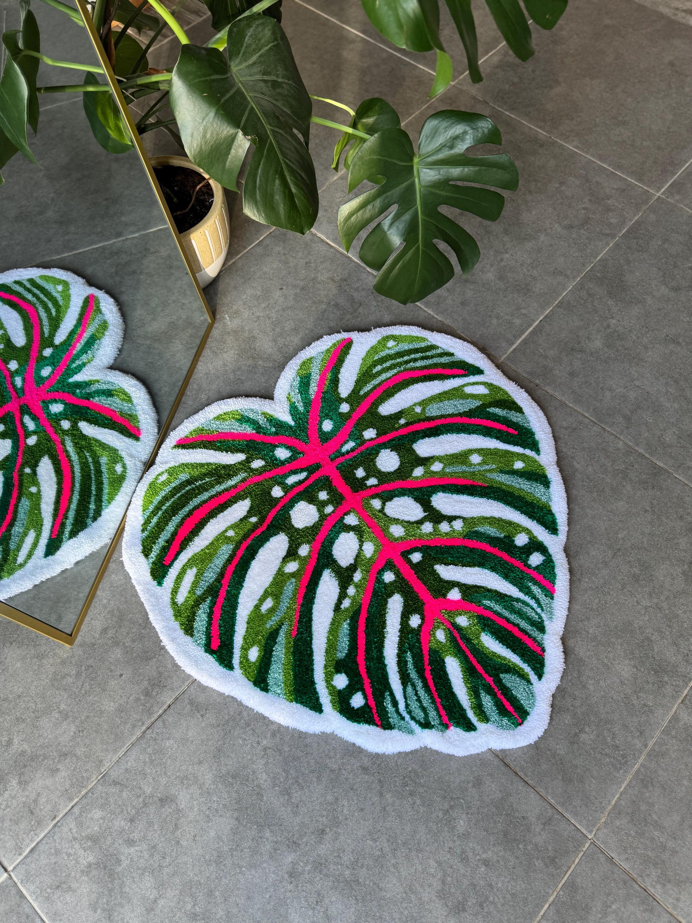 OrnnWorks Heart Shaped Monstera Leaf Handmade Tufted Rug Tropical Botanical