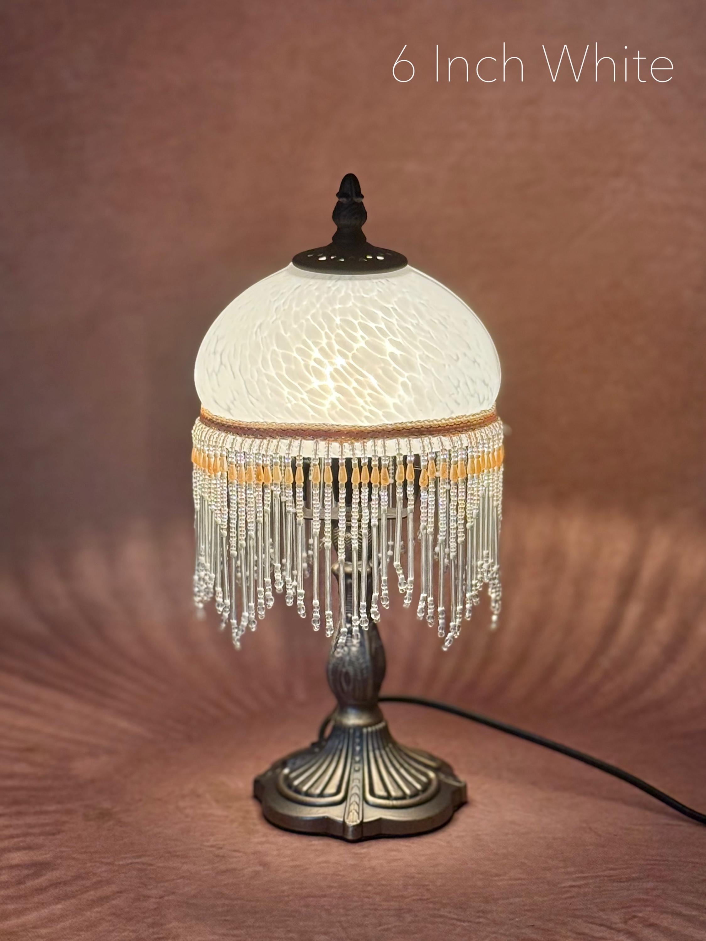 U2Antique Vintage Stained Glass Table Lamp with Beaded Fringe