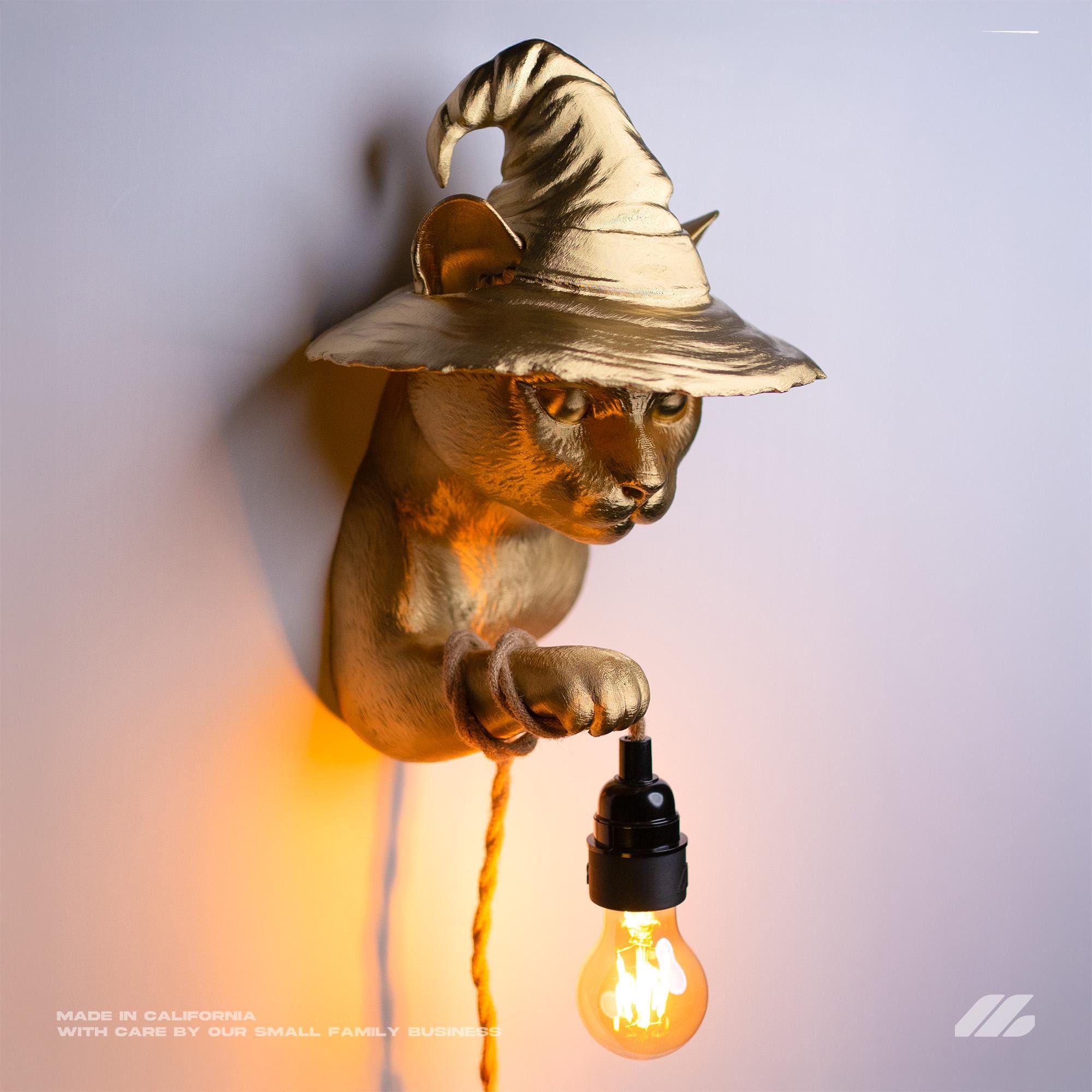 April16studio Gold Witch Cat Wall Lamp 3D Printed Sconce 12in