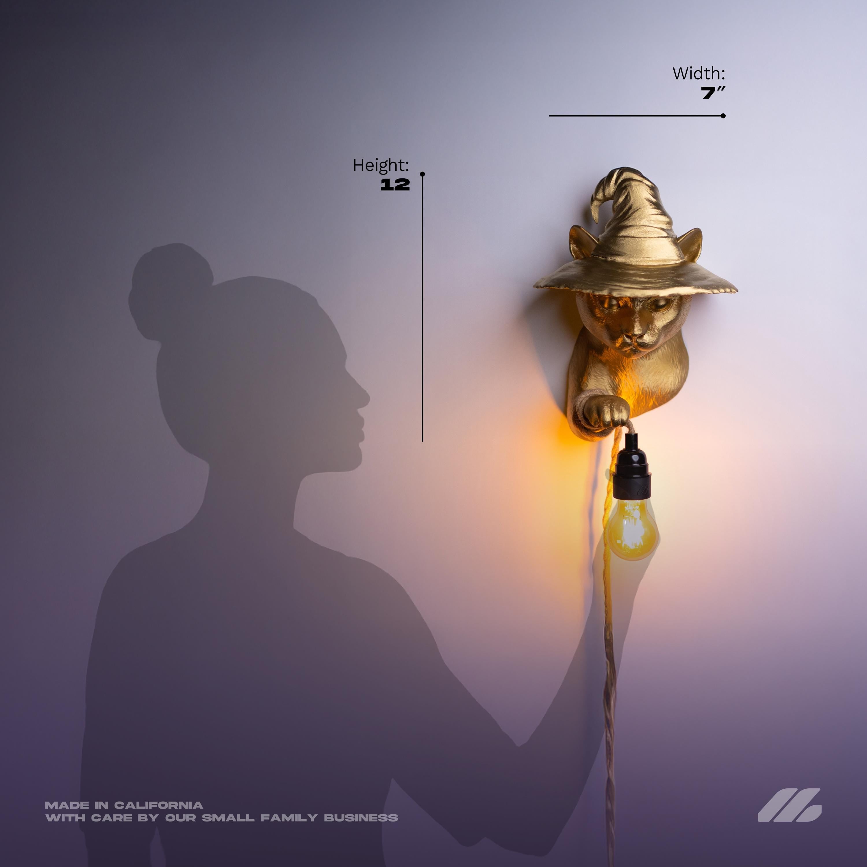 April16studio Gold Witch Cat Wall Lamp 3D Printed Sconce 12in