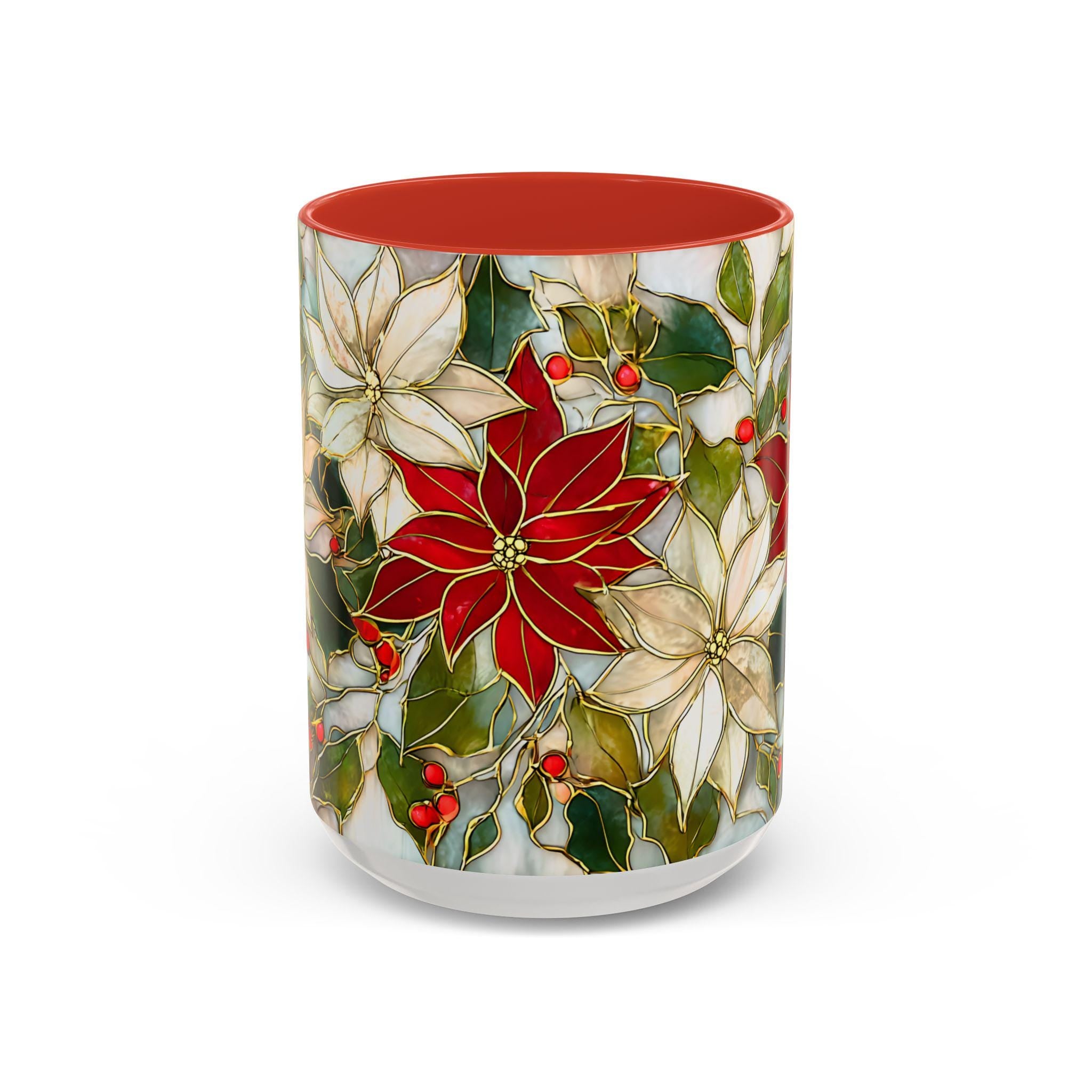Christmas Mug Poinsettia Holly Leaves Stained Glass Effect Ceramic Cup 15oz