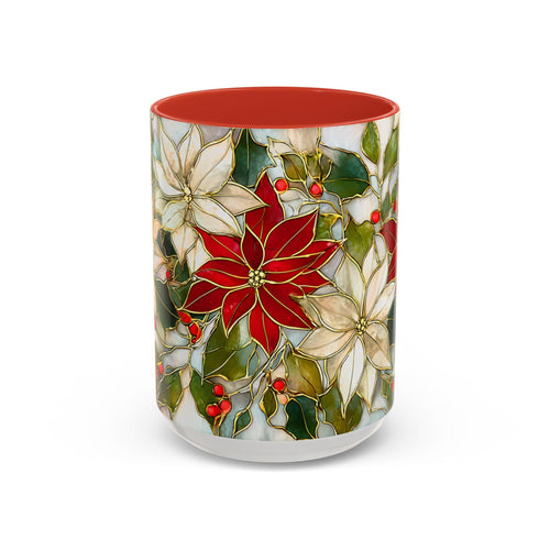 Christmas Mug Poinsettia Holly Leaves Stained Glass Effect Ceramic Cup 15oz