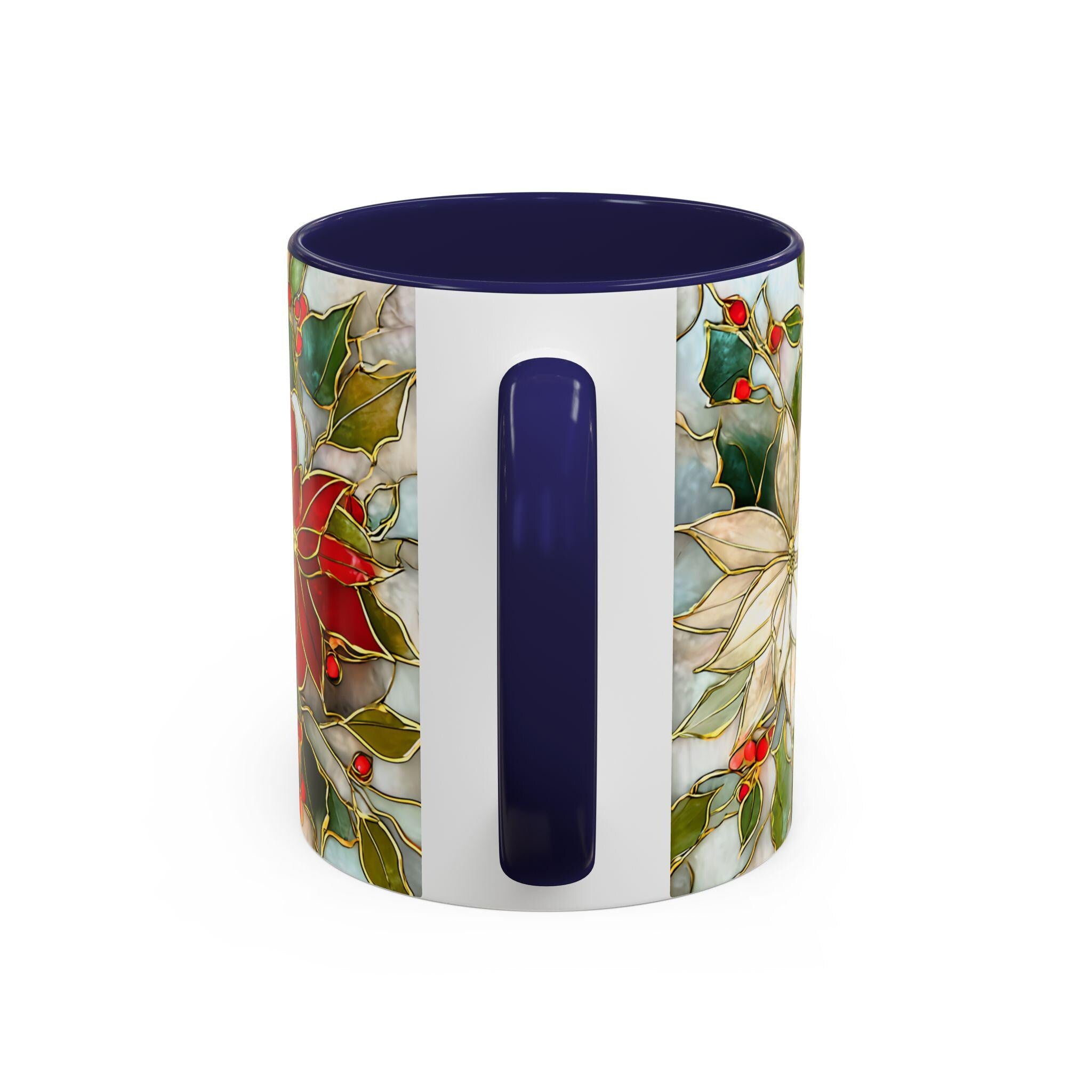 Christmas Mug Poinsettia Holly Leaves Stained Glass Effect Ceramic Cup 15oz