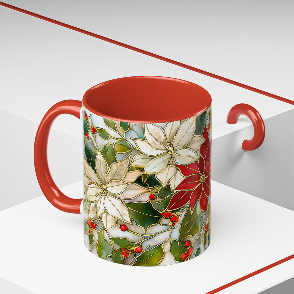 Christmas Mug Poinsettia Holly Leaves Stained Glass Effect Ceramic Cup 15oz