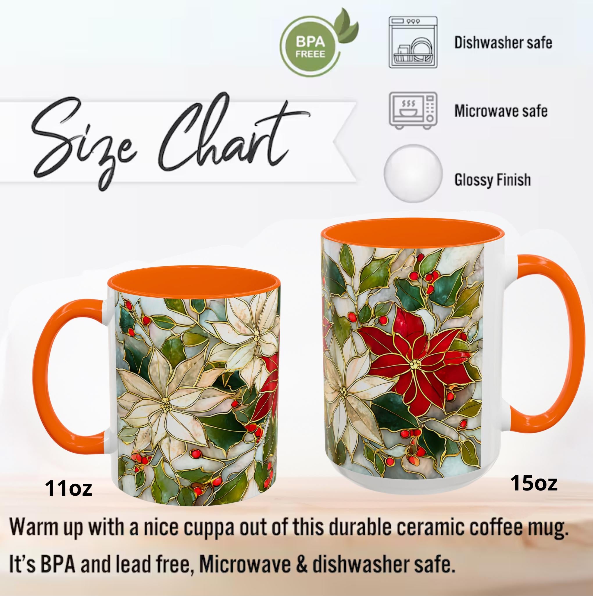Christmas Mug Poinsettia Holly Leaves Stained Glass Effect Ceramic Cup 15oz