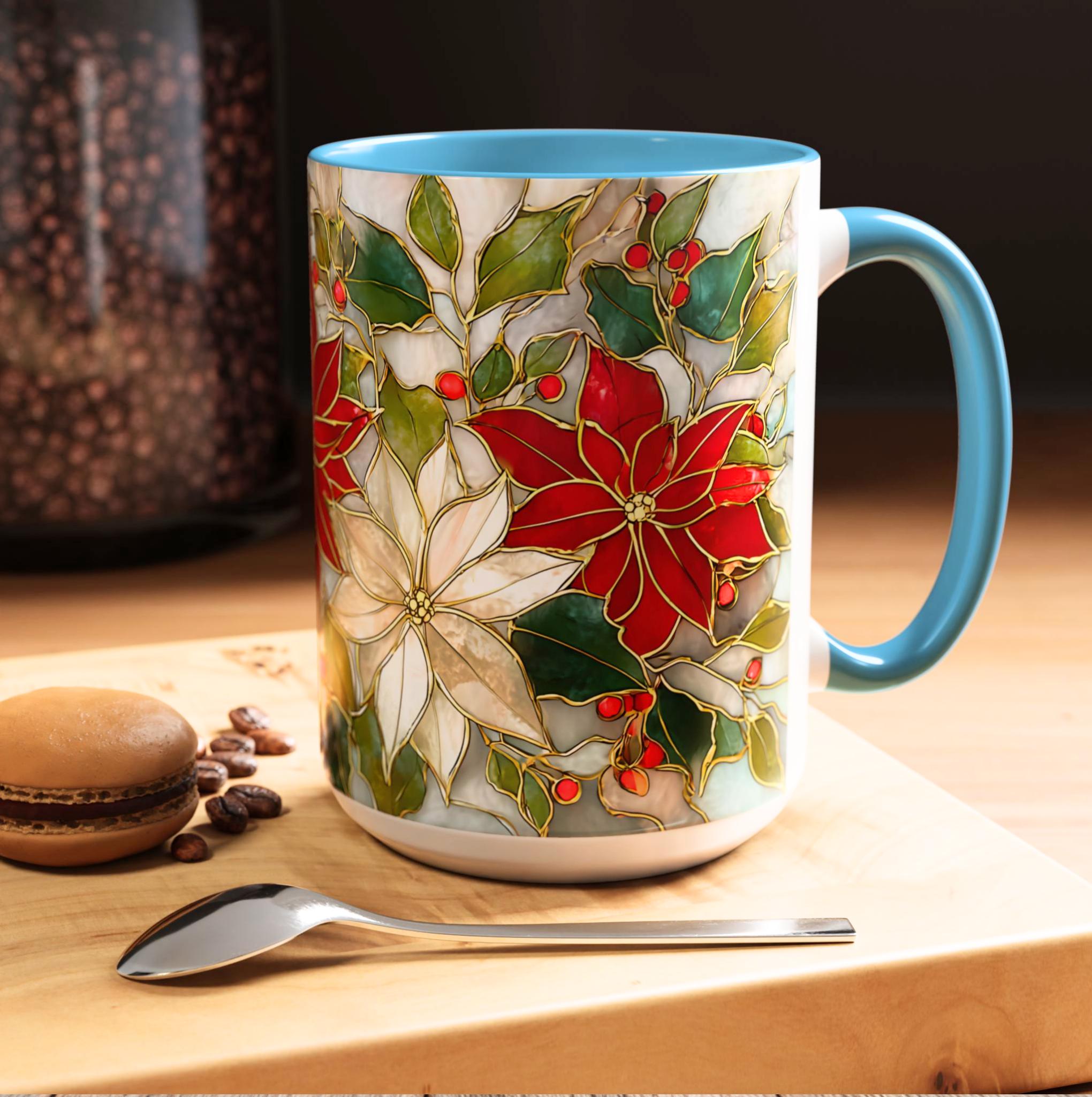 Christmas Mug Poinsettia Holly Leaves Stained Glass Effect Ceramic Cup 15oz