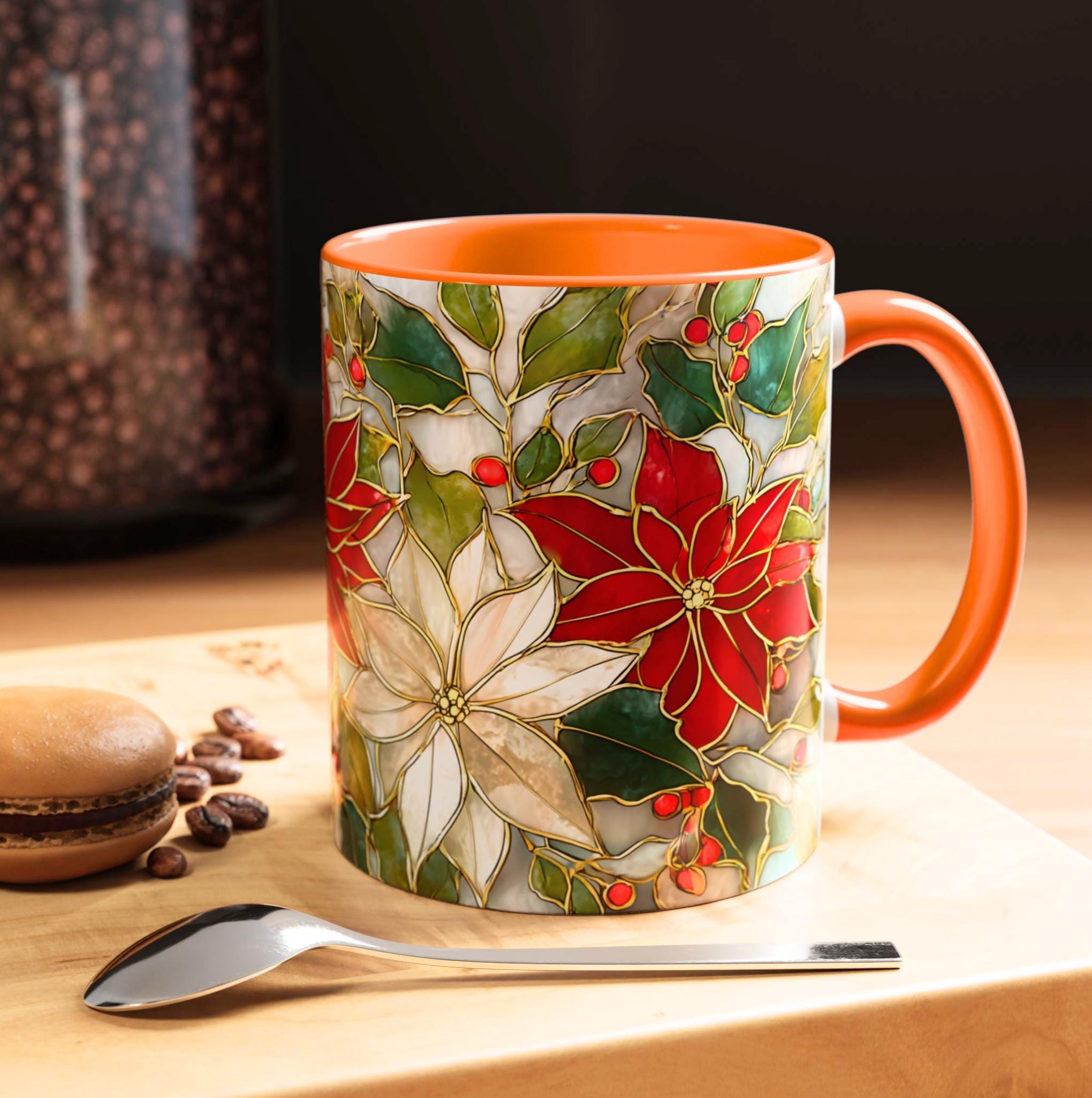 Christmas Mug Poinsettia Holly Leaves Stained Glass Effect Ceramic Cup 15oz