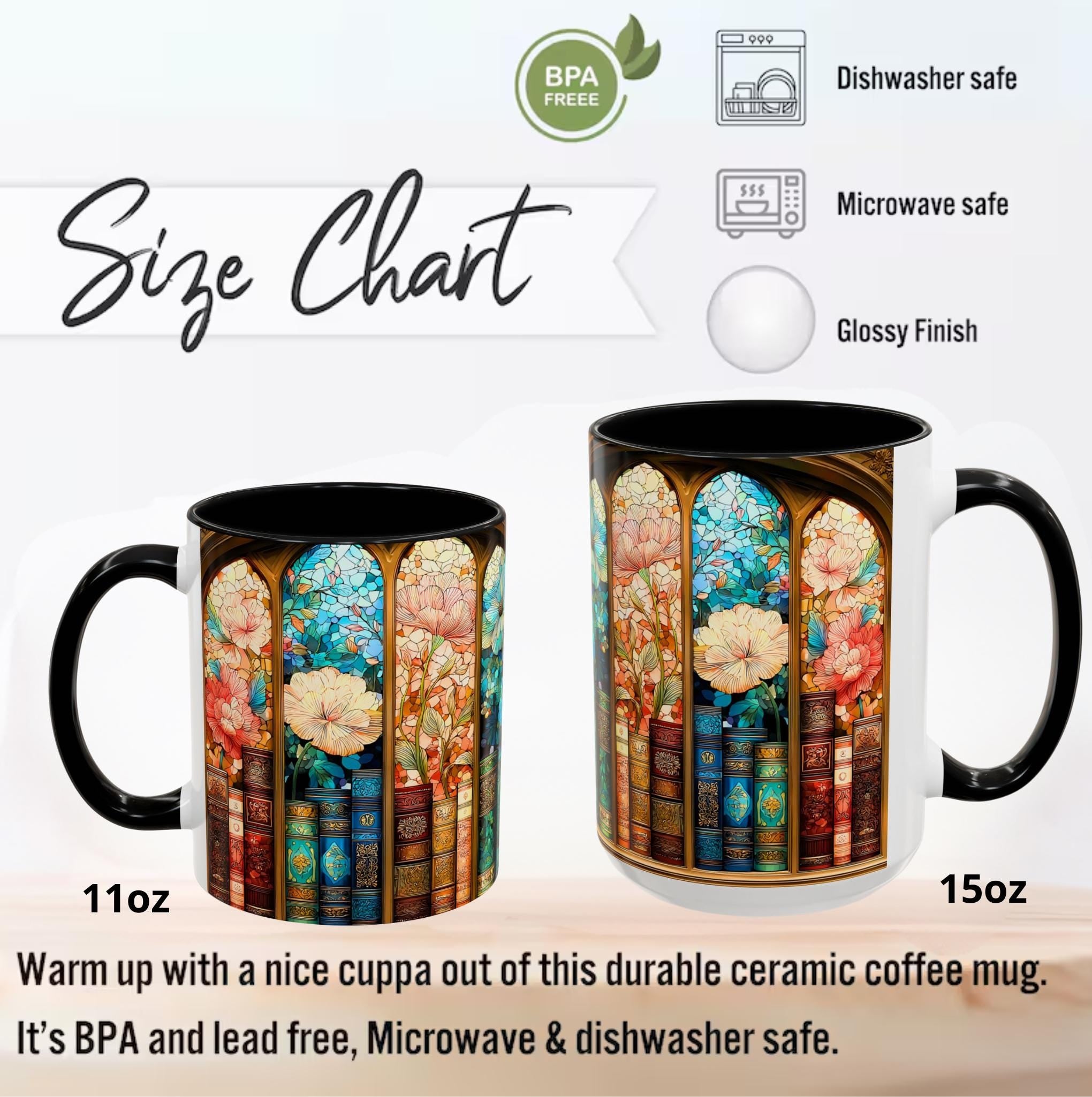 LELORESTORE Faux Stained-Glass Bookshelf Mug Floral Library