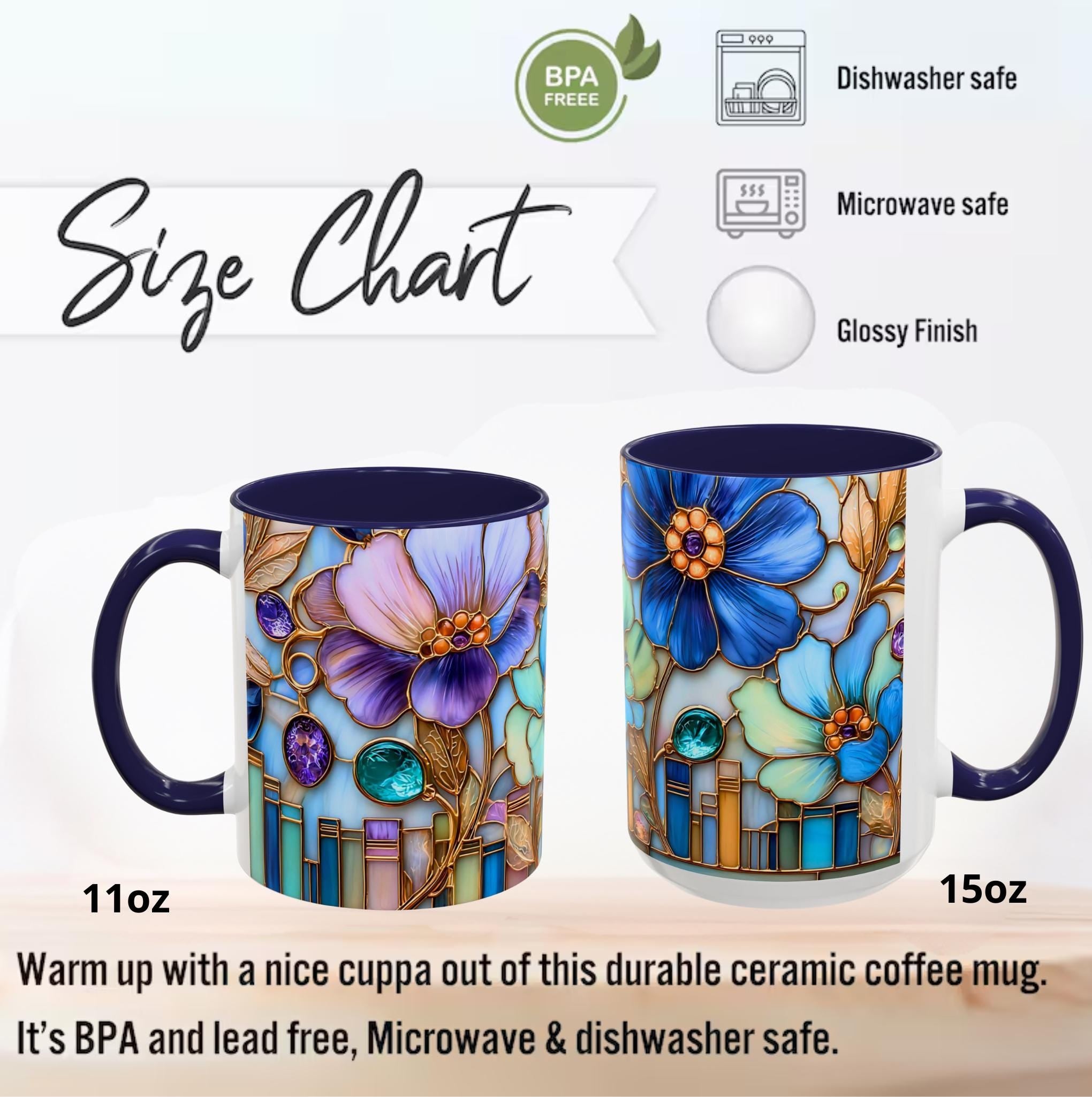 Floral Book Coffee Mug Faux Stained Glass Bookshelf Lover Gift