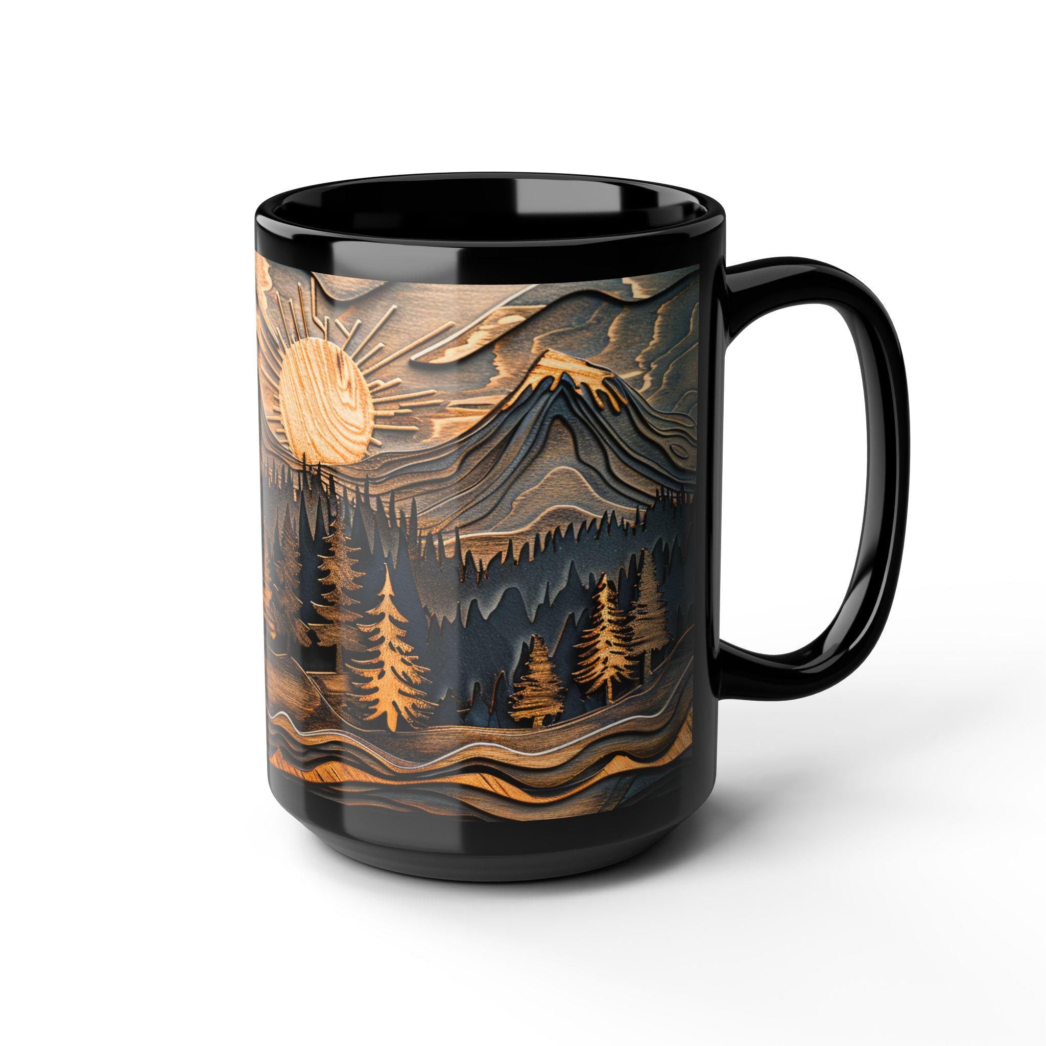 LELORESTORE Rustic Mountain Forest Mug Carved Wood Ceramic Coffee Cup