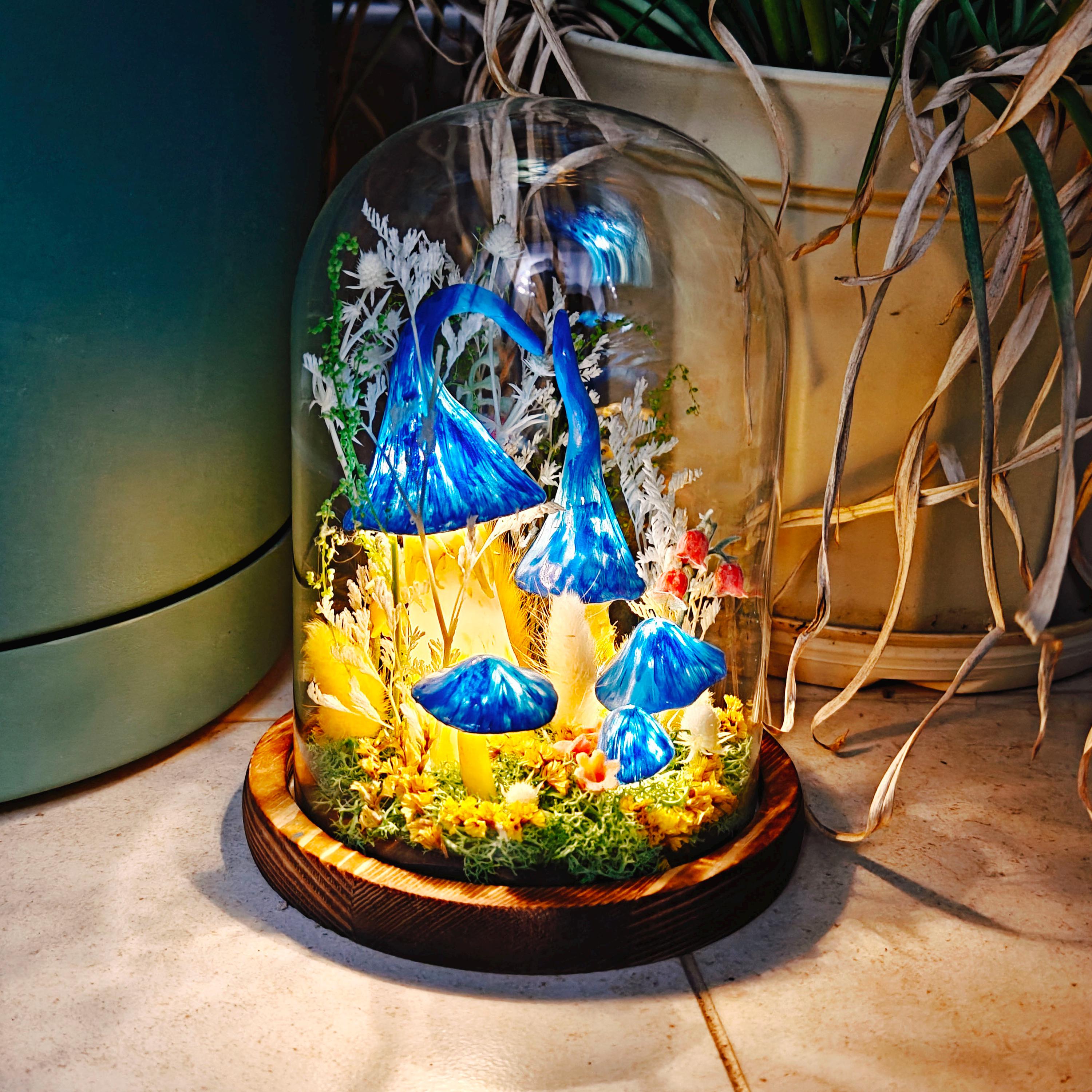 StarlitCarat Enchanted Blue Mushroom Forest Night Light Wood Clay Glass