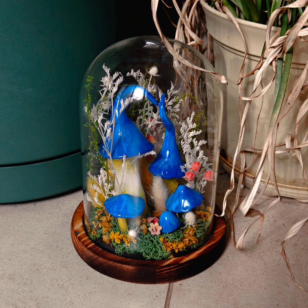 StarlitCarat Enchanted Blue Mushroom Forest Night Light Wood Clay Glass