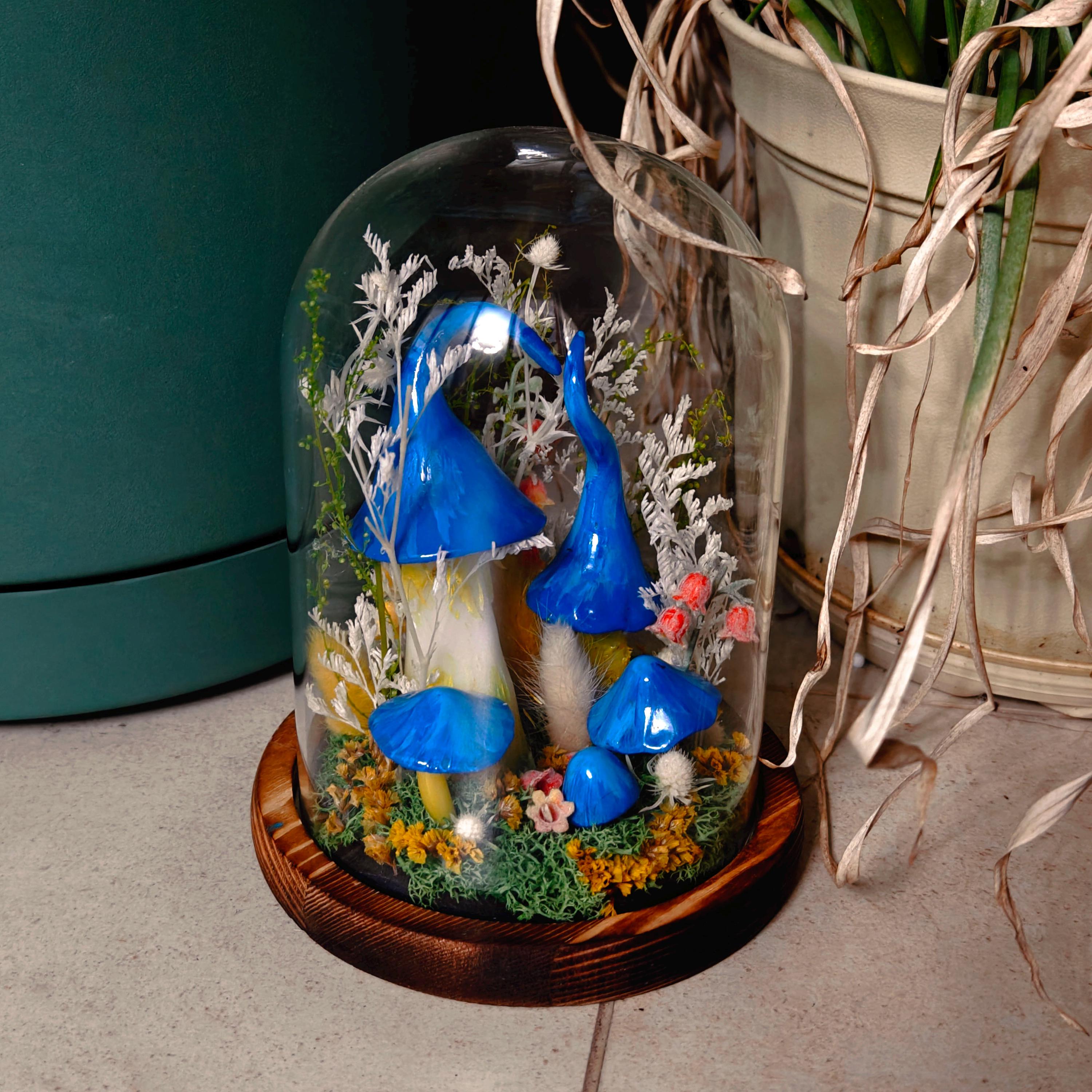 StarlitCarat Enchanted Blue Mushroom Forest Night Light Wood Clay Glass