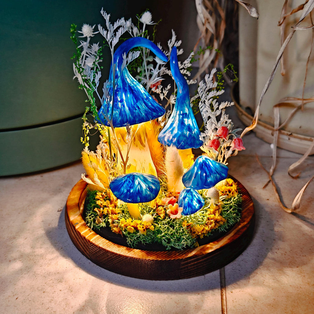 StarlitCarat Enchanted Blue Mushroom Forest Night Light Wood Clay Glass